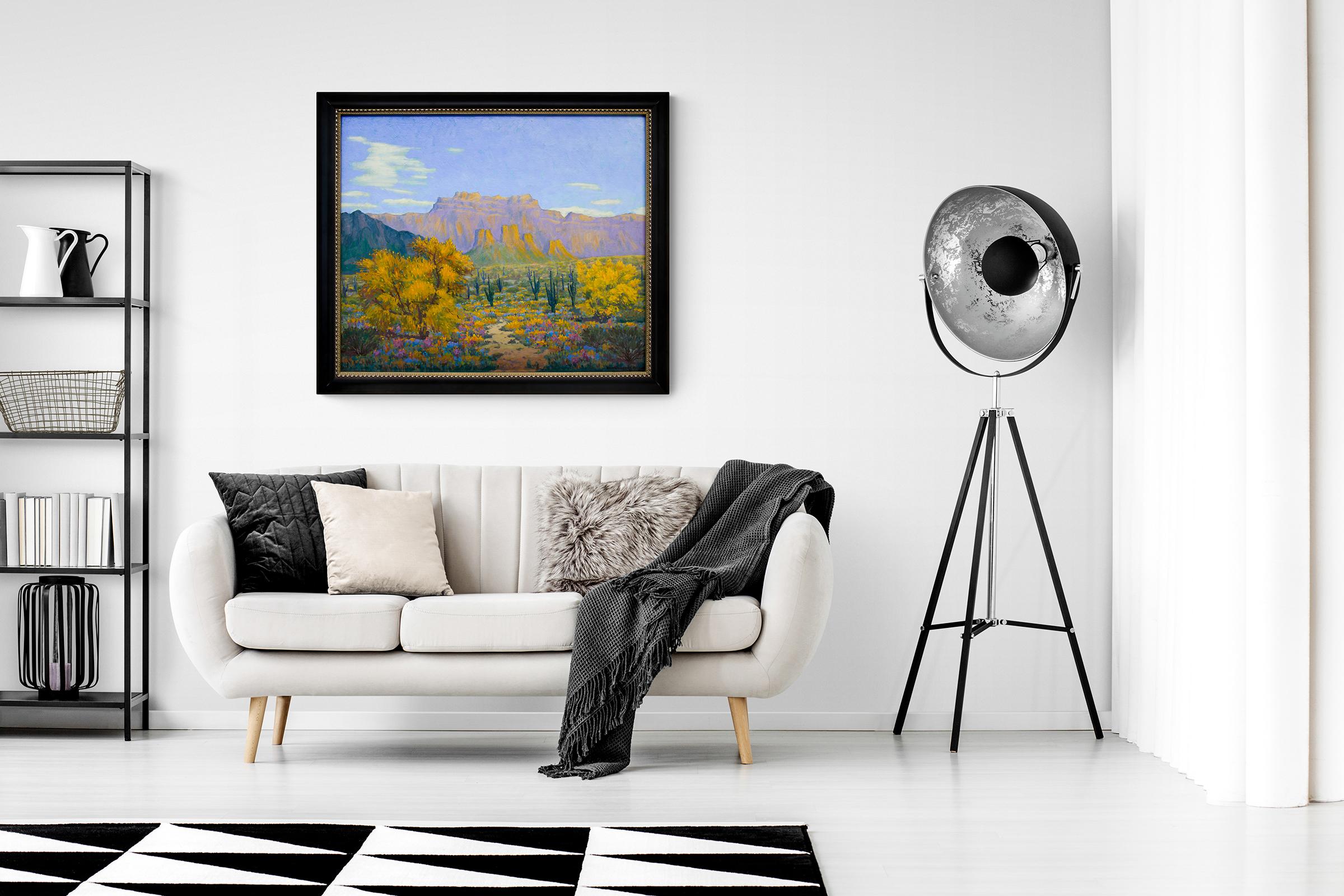 Desert Gold, 1950s Framed Southwestern Landscape with Saguaro Cactus & Mountains For Sale 1