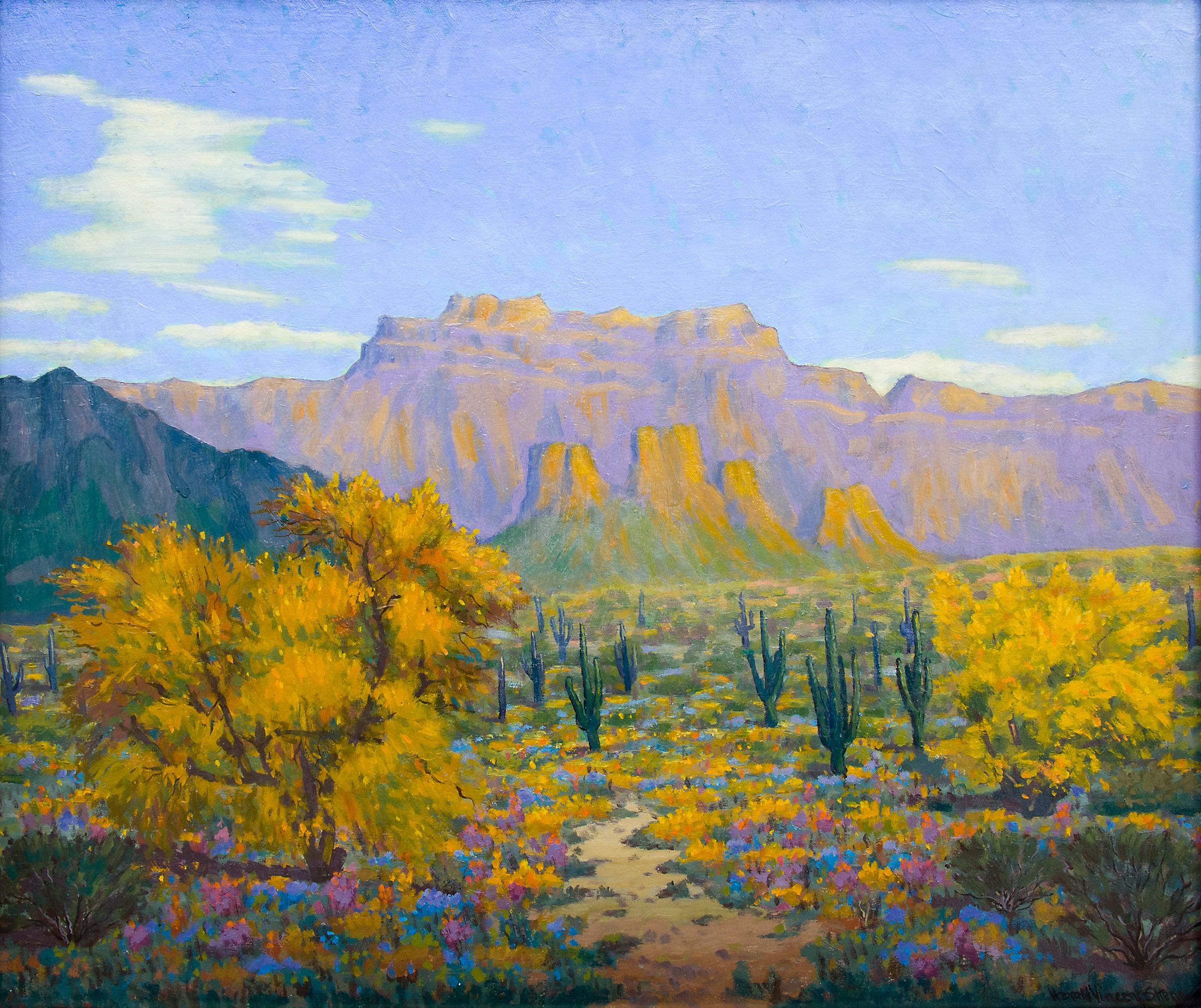 Desert Gold, 1950 Paysage du sud-ouest encadré avec cactus Saguaro et montagnes - Réalisme américain Painting par Harold Vincent Skene