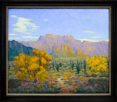 Retro Desert Gold, 1950s Framed Southwestern Landscape with Saguaro Cactus & Mountains