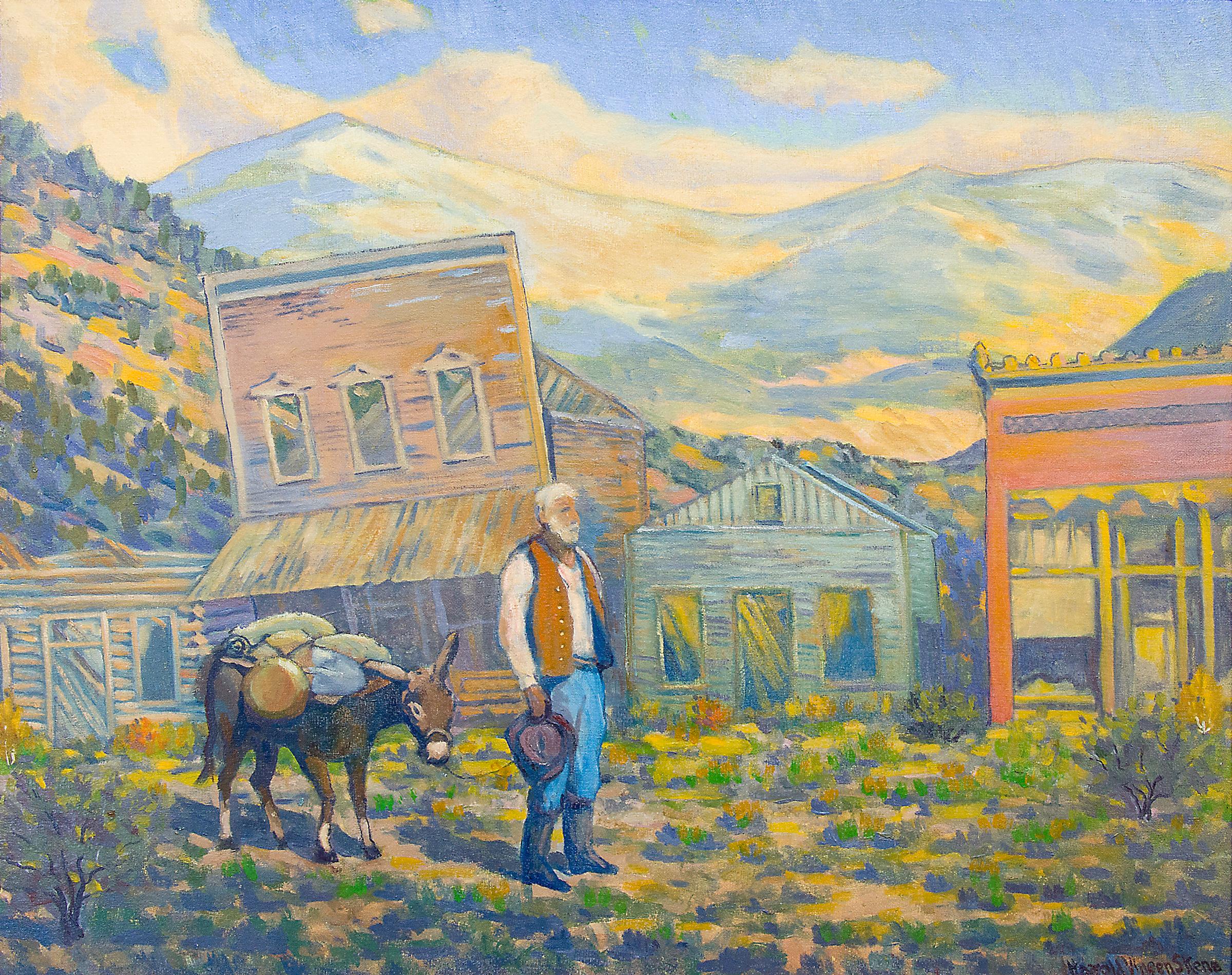Ghost Town, Prospector & Mule, Abandoned Buildings, Mining Town with Mountains - Painting by Harold Vincent Skene