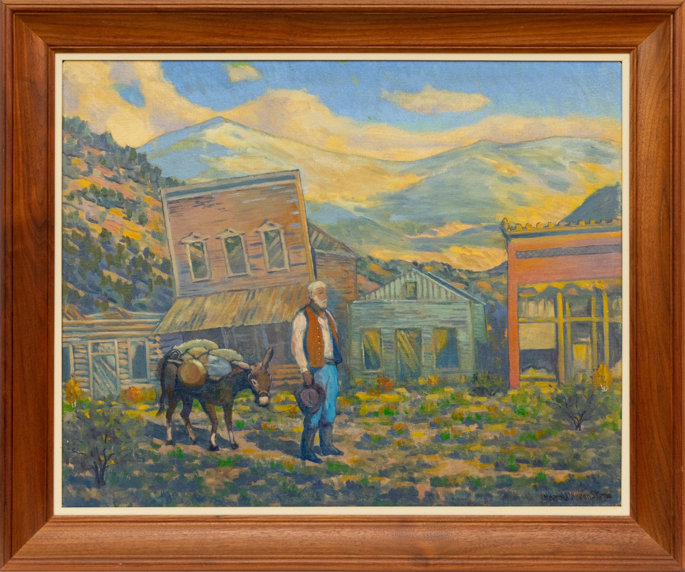 Landscape Painting de Harold Vincent Skene - Pueblo Fantasma, Prospector y Mula, Edificios Abandonados, Pueblo Minero con Montañas
