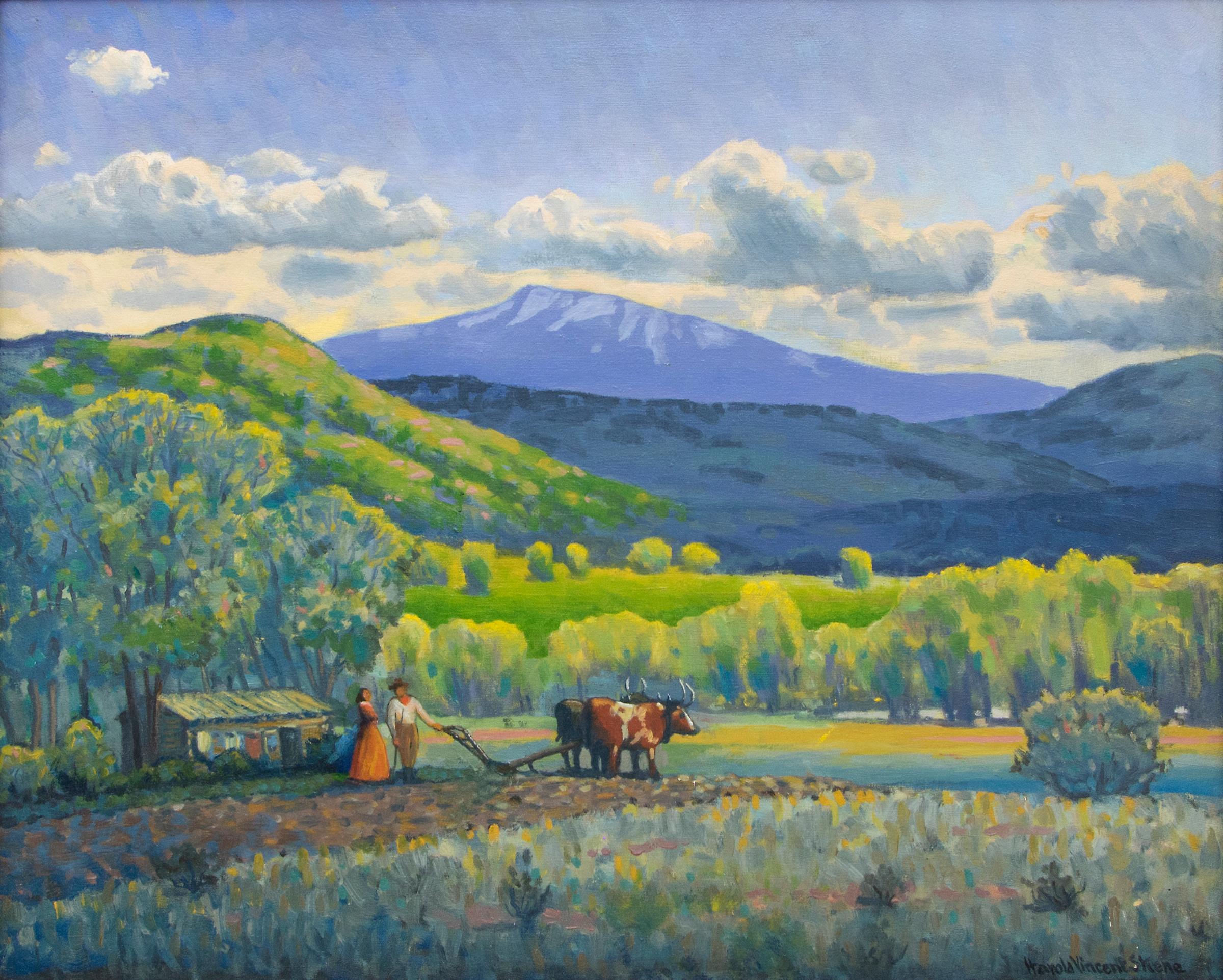 Homesteaders, gerahmte Colorado-Berglandschaft, Ölgemälde, 1960er Jahre – Painting von Harold Vincent Skene