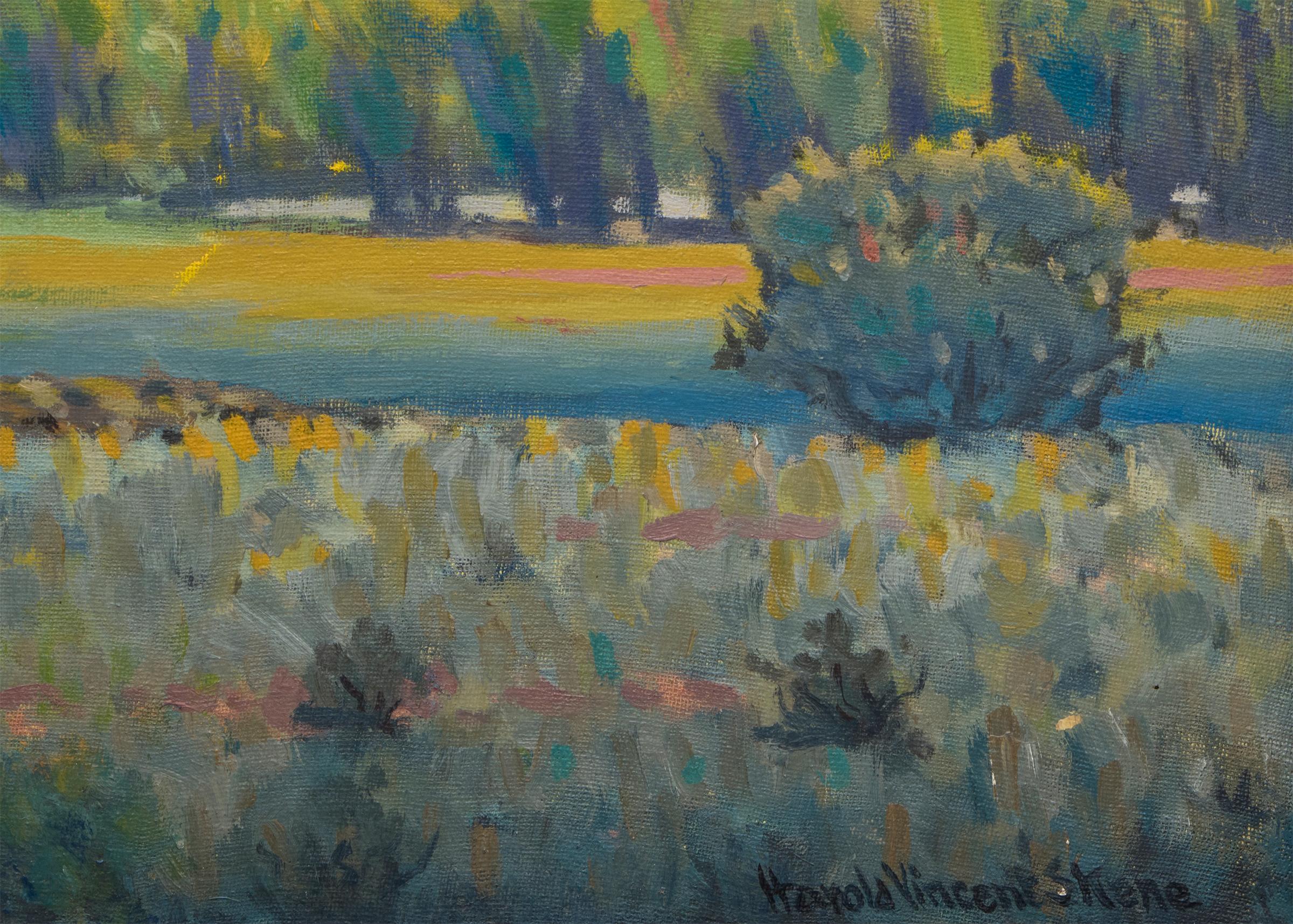 Homesteaders, peinture à l'huile encadrée de paysage de montagne du Colorado des années 1960 - Modernisme américain Painting par Harold Vincent Skene