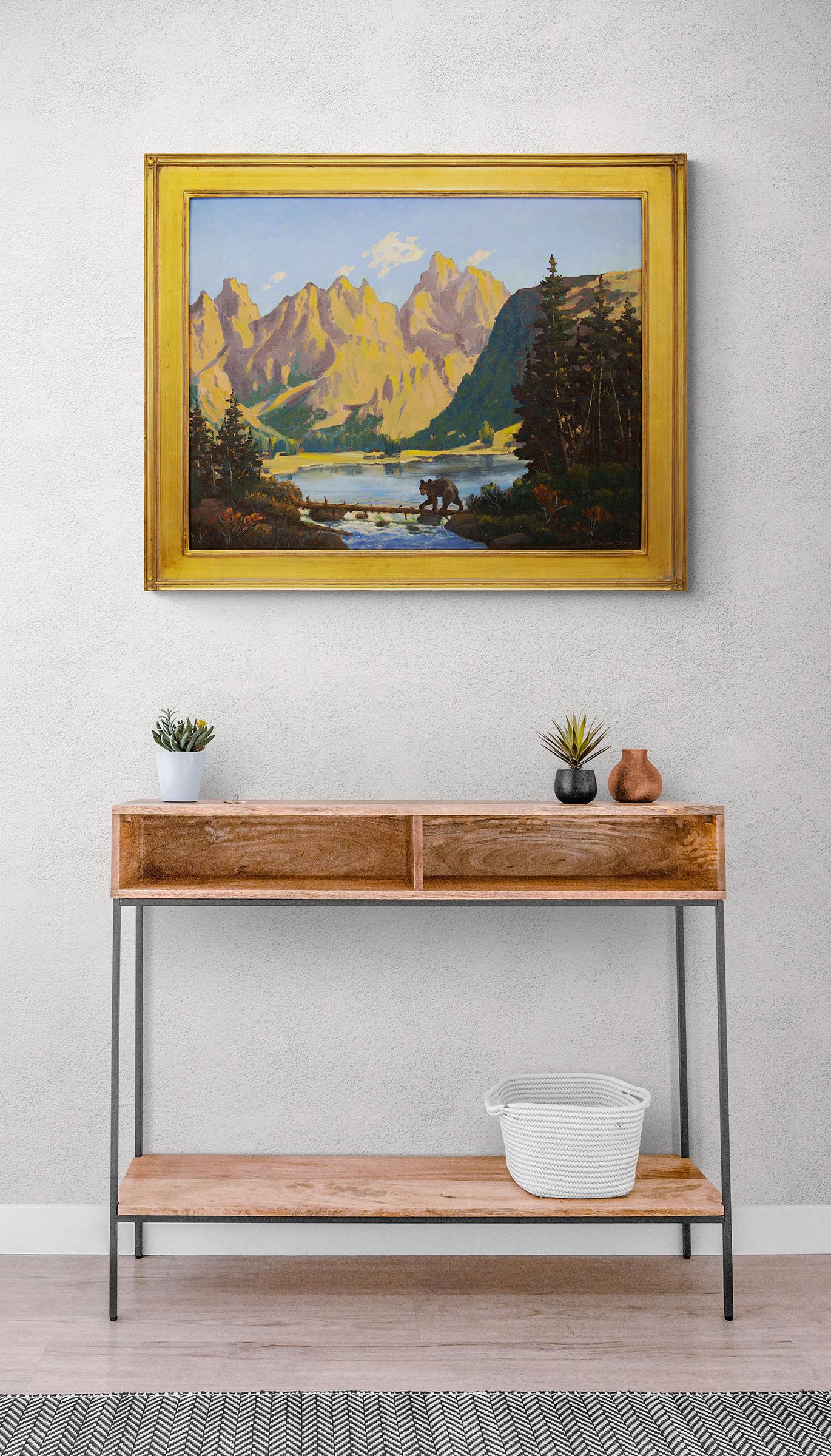 Peinture à l'huile d'un paysage de montagne des années 1950 