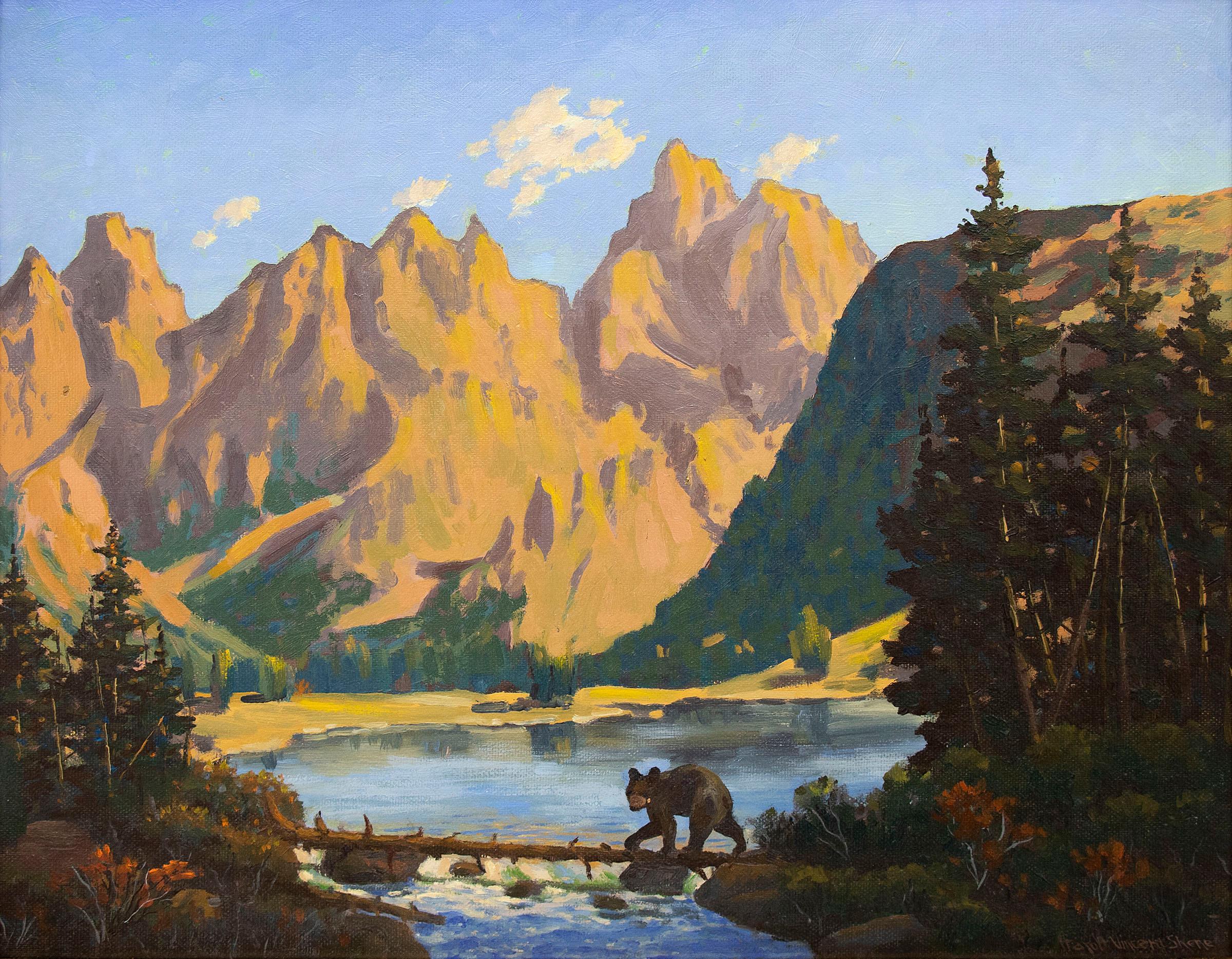 Peinture à l'huile d'un paysage de montagne des années 1950 