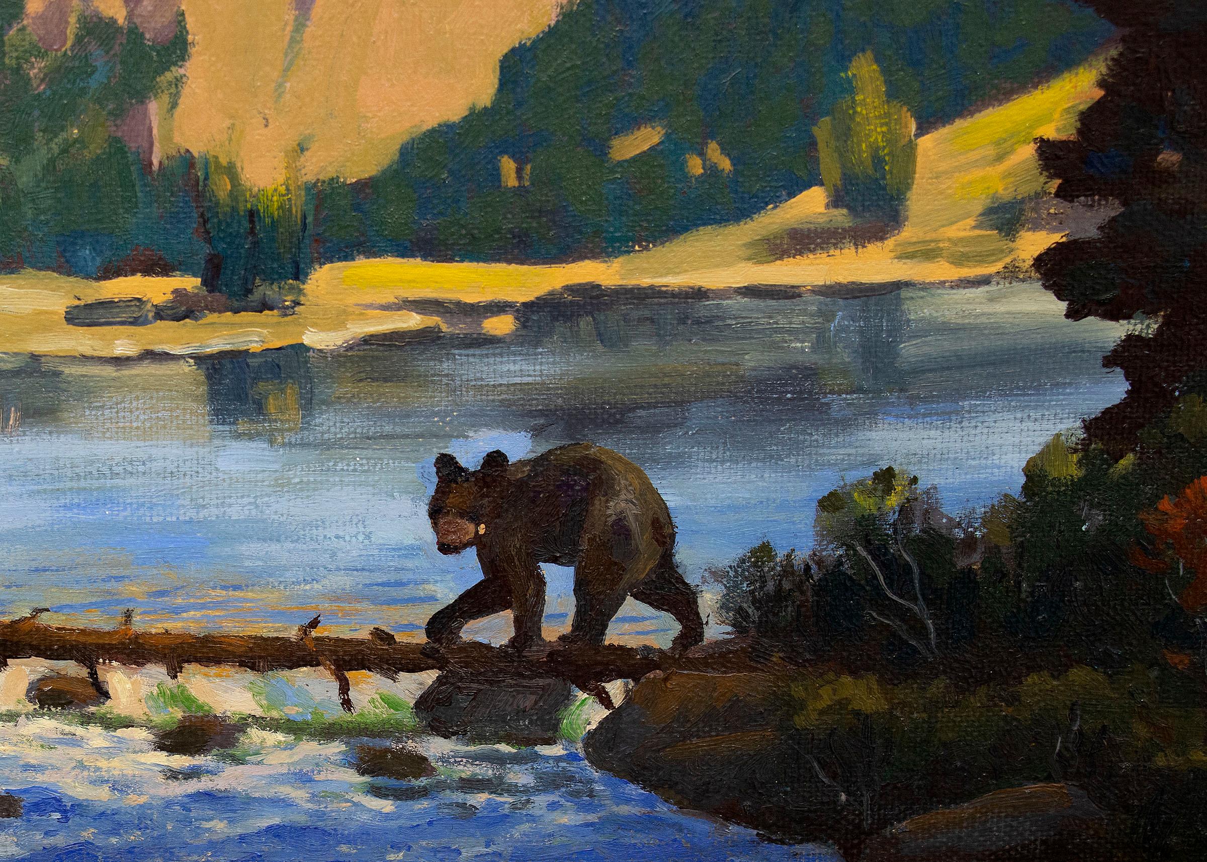 Peinture à l'huile d'un paysage de montagne des années 1950 