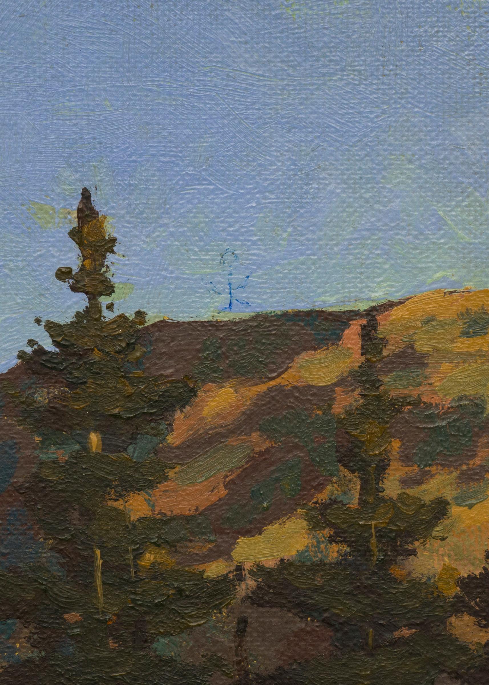 Peinture à l'huile d'un paysage de montagne des années 1950 