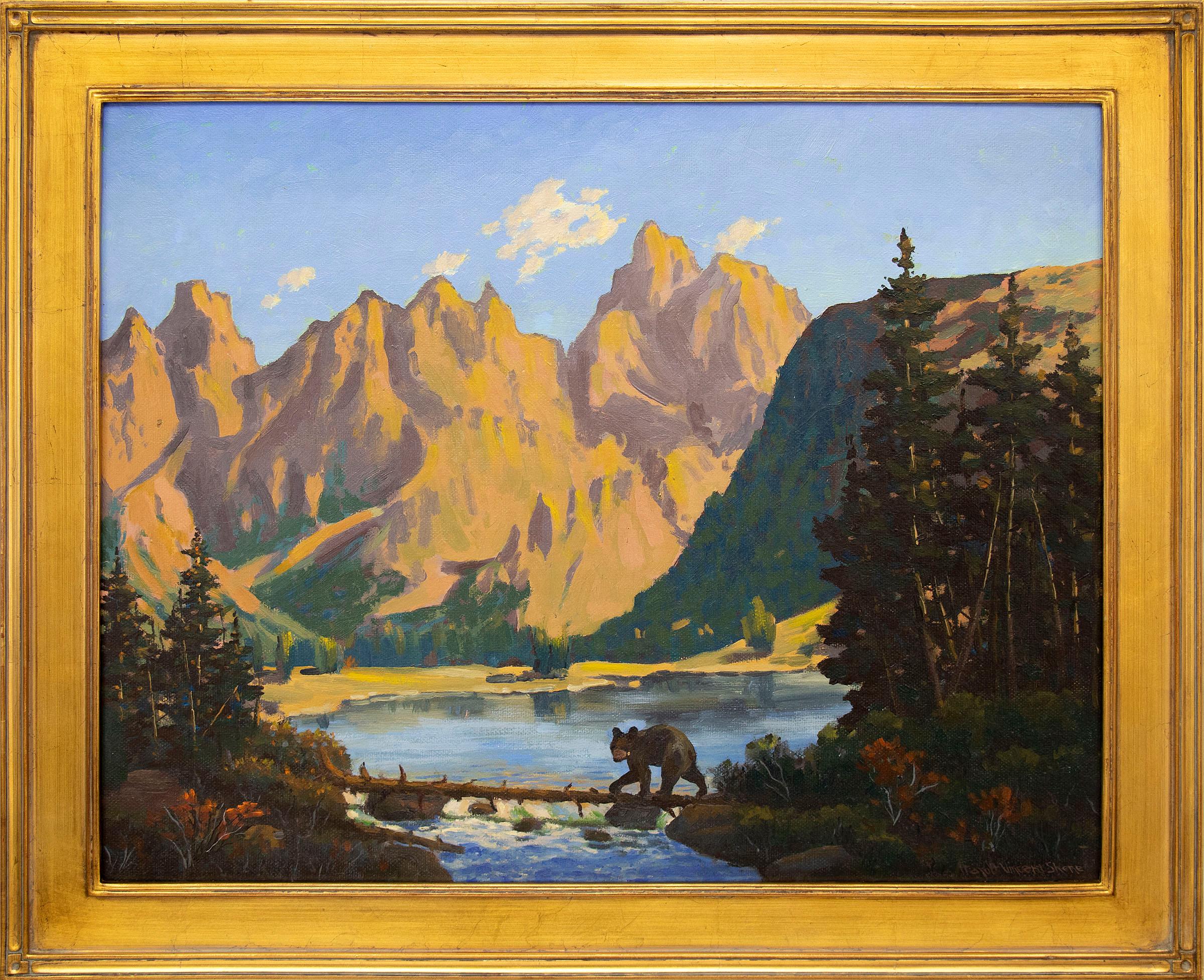 Little Bear (Traditional Landscape Painting with a Bear, Lake and Mountains)