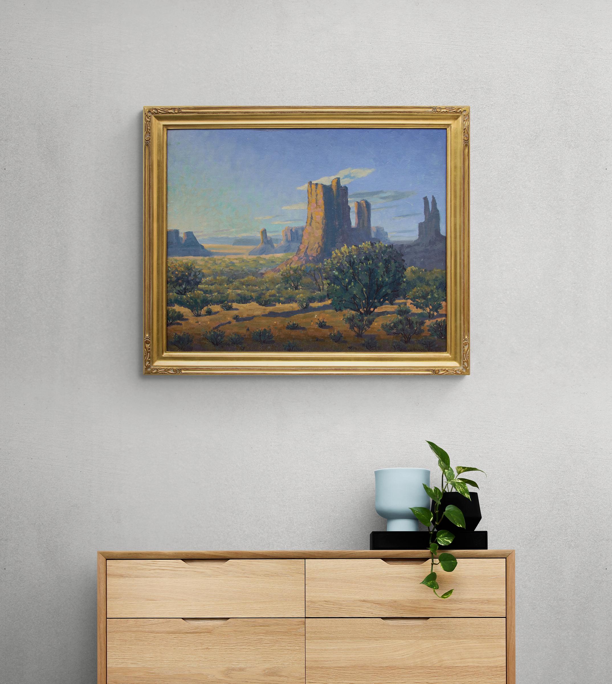 Monuments : lever du soleil, peinture à l'huile de paysage du sud-ouest du désert des années 1950, 61 x 76 cm en vente 6