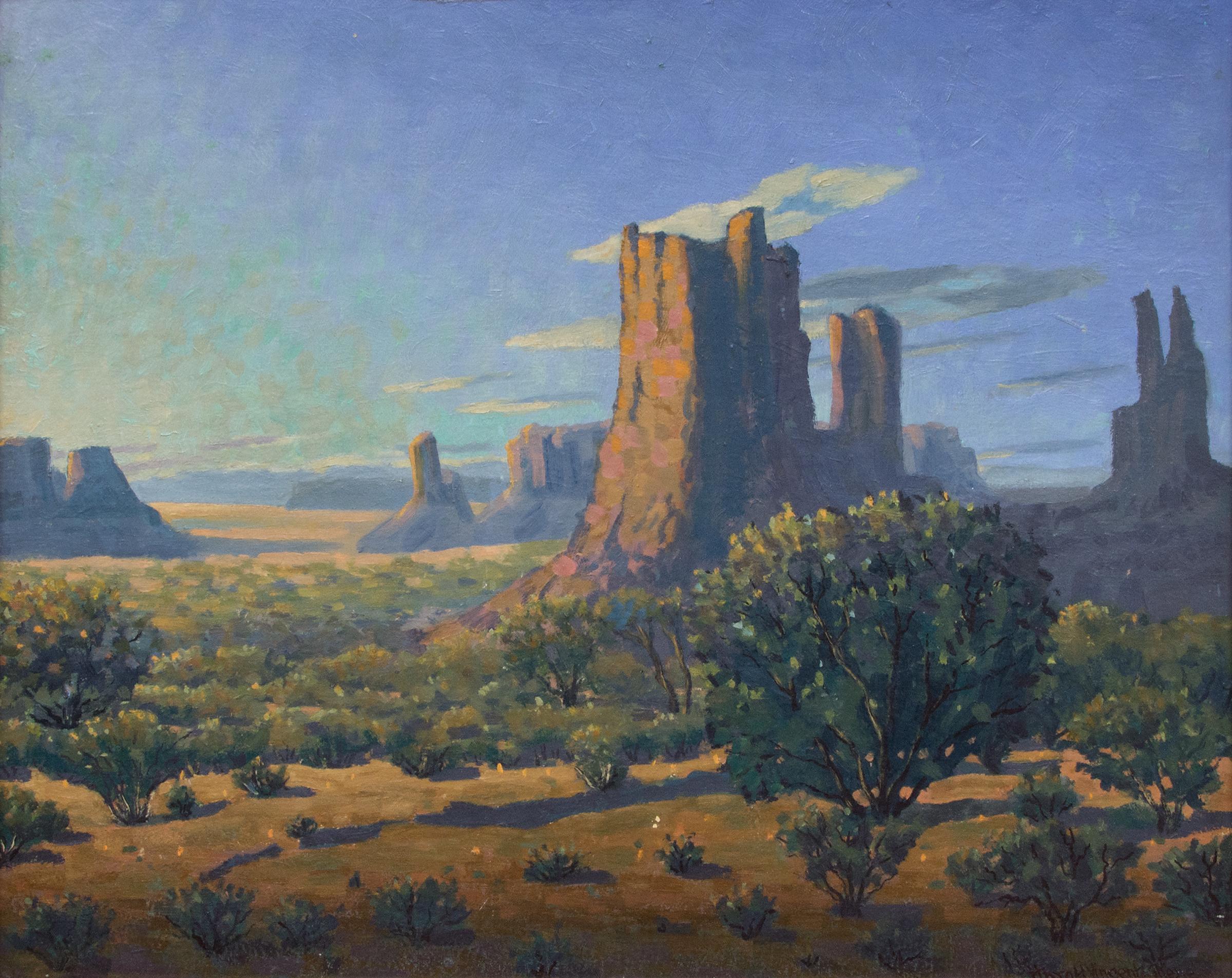 Monuments : lever du soleil, peinture à l'huile de paysage du sud-ouest du désert des années 1950, 61 x 76 cm - Réalisme américain Painting par Harold Vincent Skene