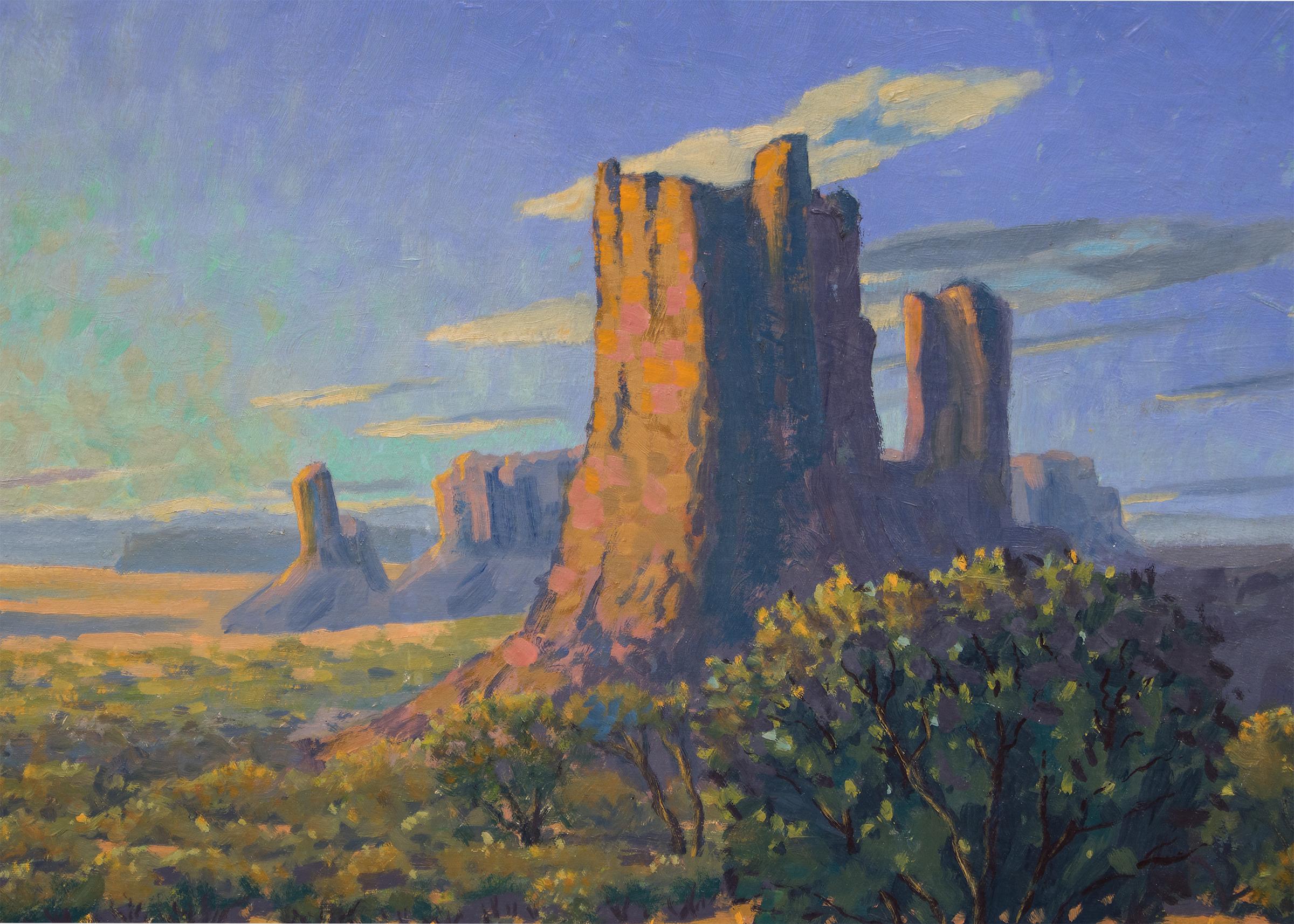 'Monuments: Sunrise', original vintage 1950s oil painting of a southwestern desert landscape in early morning with rock formations, trees and brush with brilliant sky with clouds by Colorado artist, Harold Skene (1883-1978), traditional western