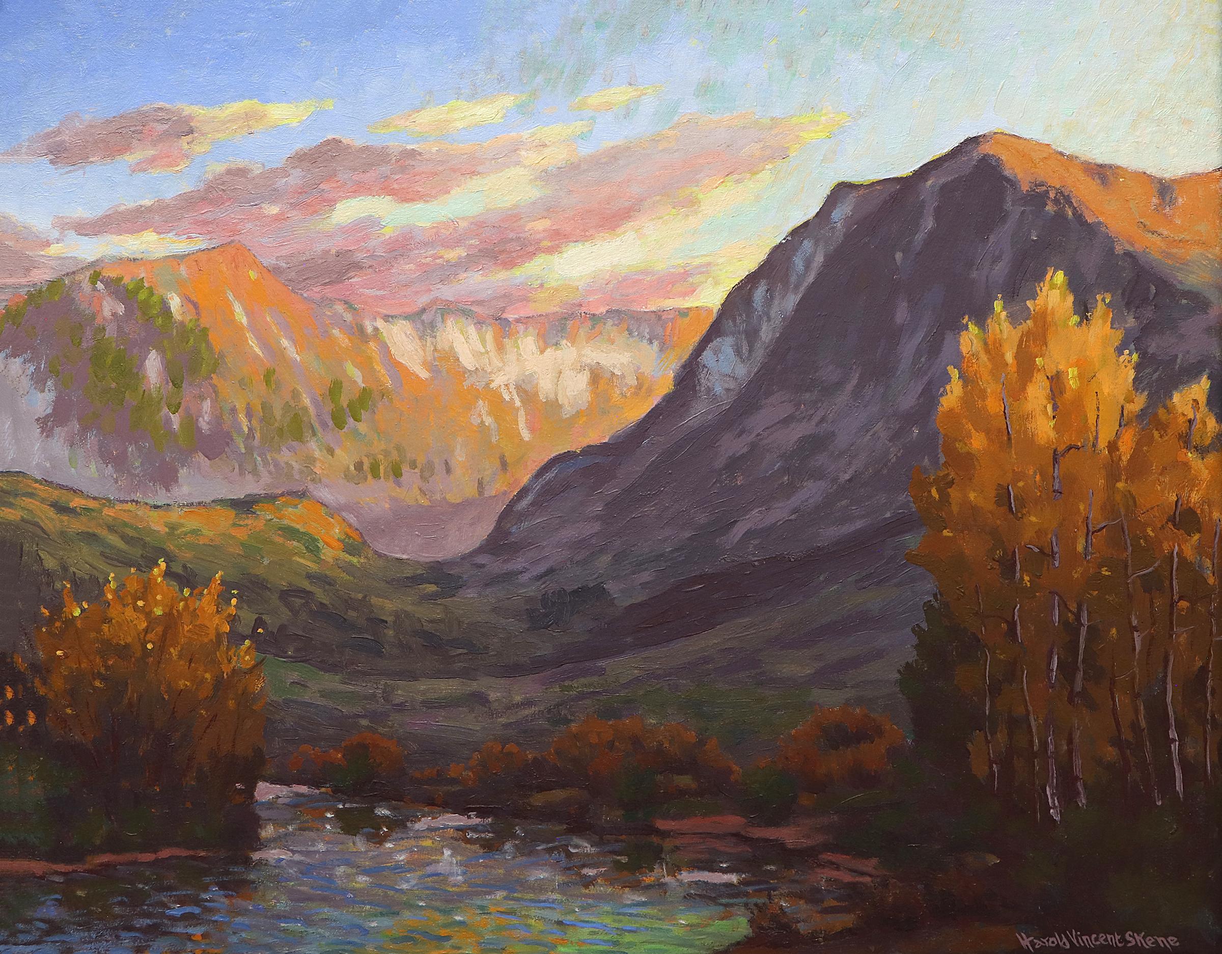 Sonnenuntergang in den Bergen, Colorado, Herbstlandschaft aus den 1950er Jahren  mit Fluss (Amerikanische Moderne), Painting, von Harold Vincent Skene