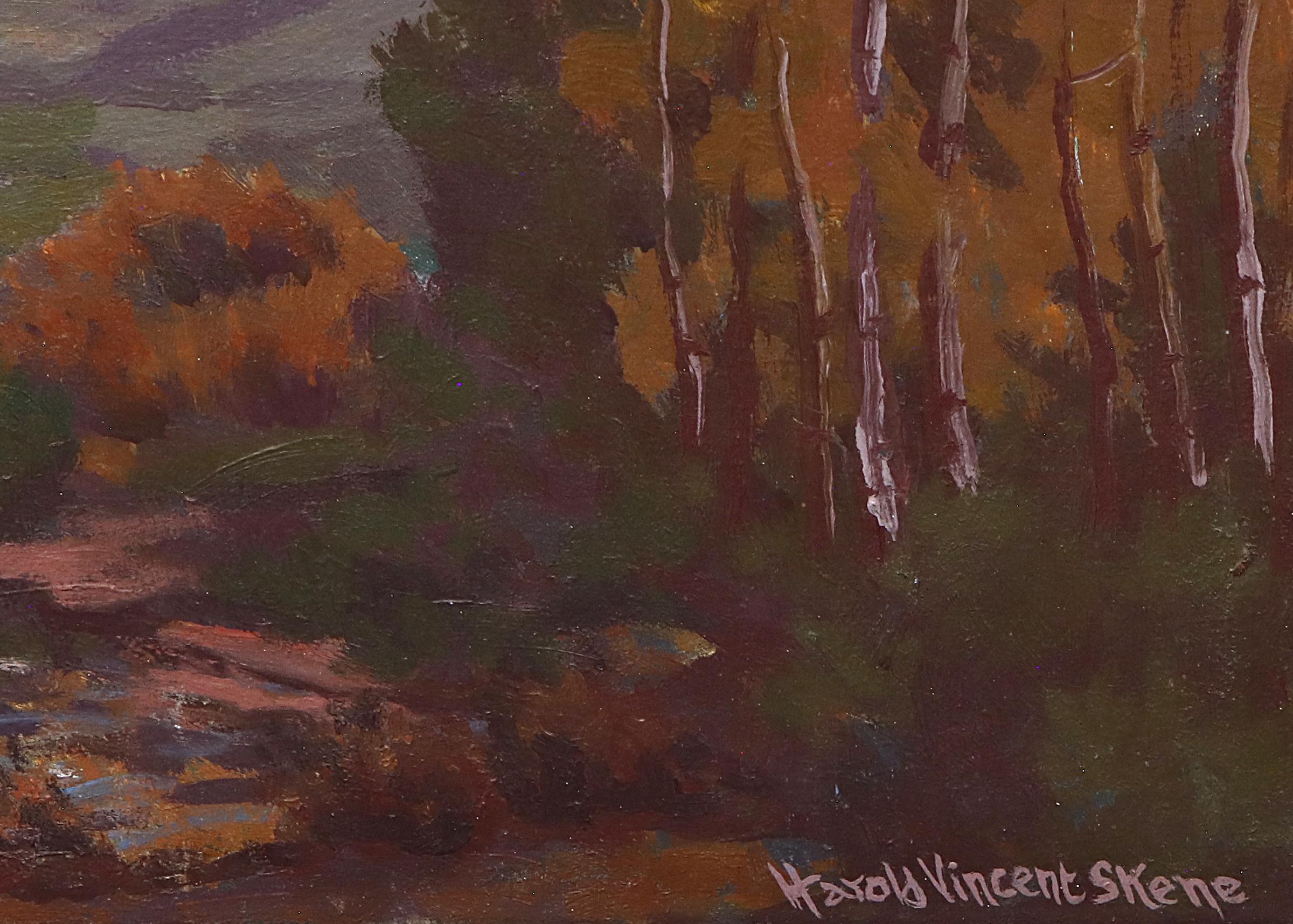 Coucher de soleil sur la montagne, Colorado, Vintage 1950s Autumn Landscape Painting  avec la rivière en vente 2