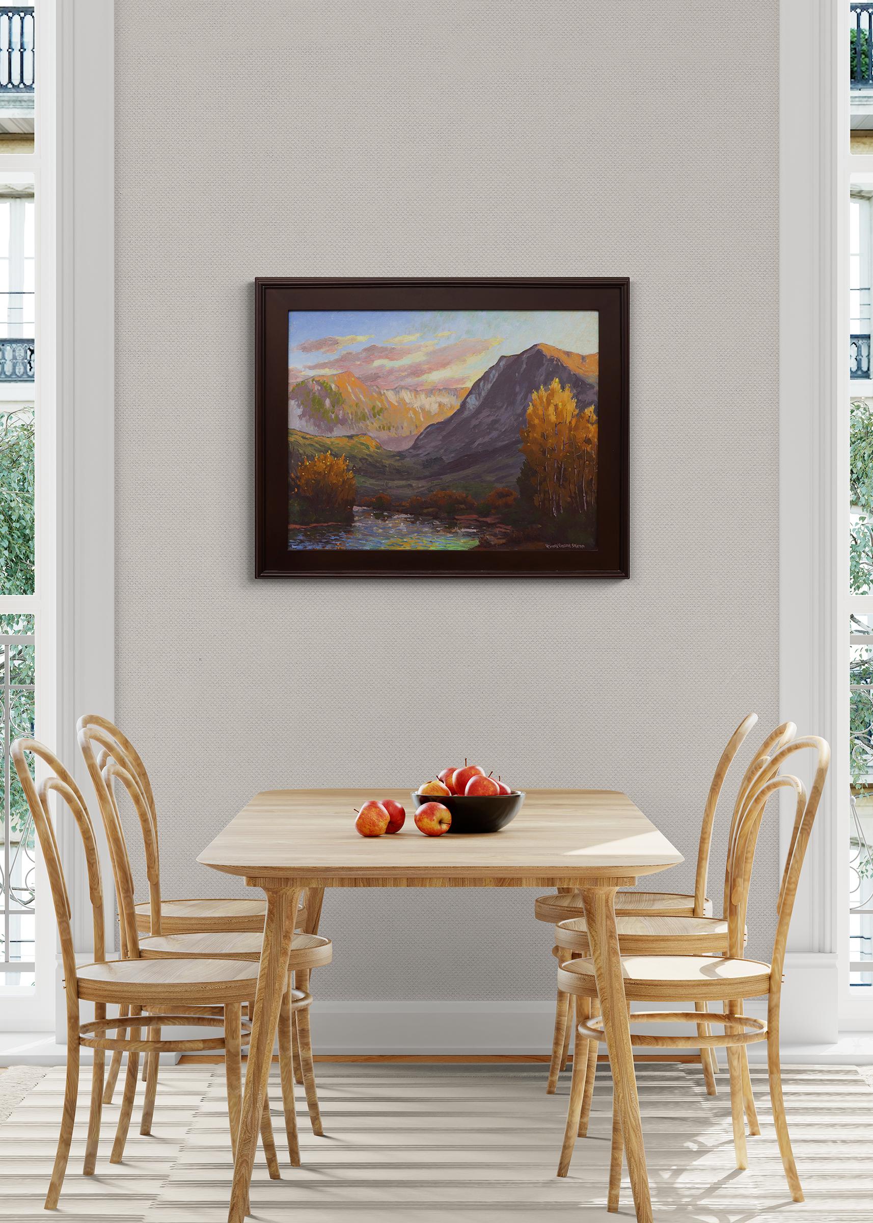 Mountain Sunset, Colorado, Vintage 1950s Autumn Landscape Painting  with River For Sale 5