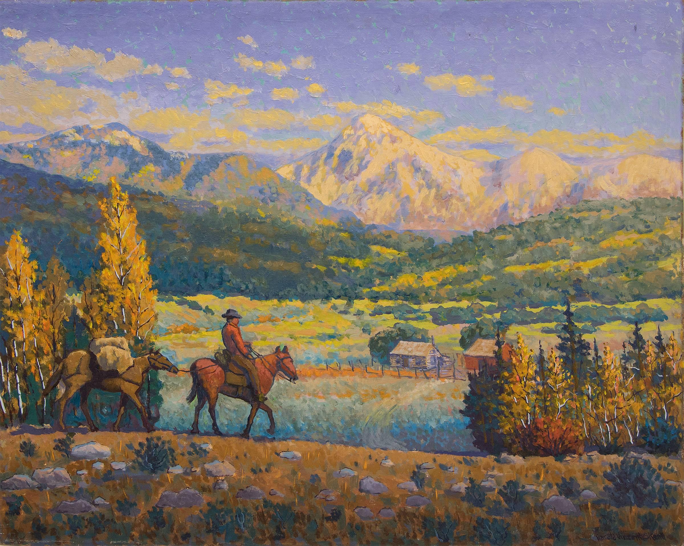 The Return (Horse and Rider in a Western Mountain Landscape, Autumn) - Painting by Harold Vincent Skene