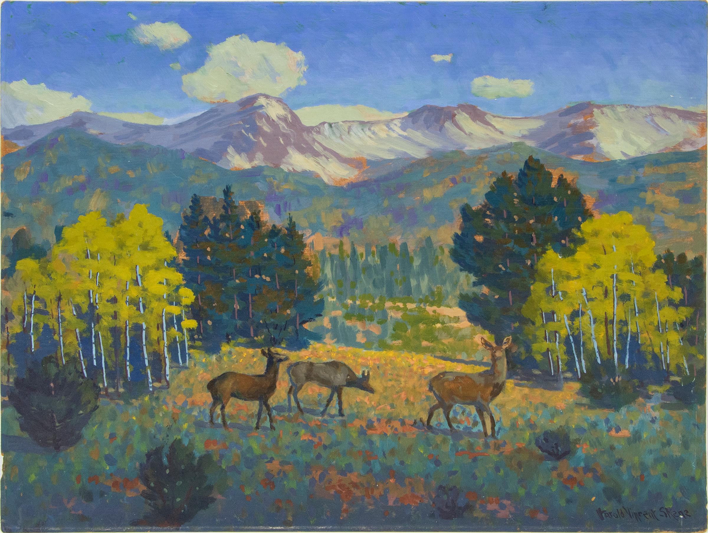 Original vintage 1960s landscape painting with deer grazing in a meadow in Yellowstone National Park, Wyoming by Harold Skene (1883-1978). Golden Aspen Trees in autumn foliage with pine trees and snow capped mountains under a blue sky.  Signed and
