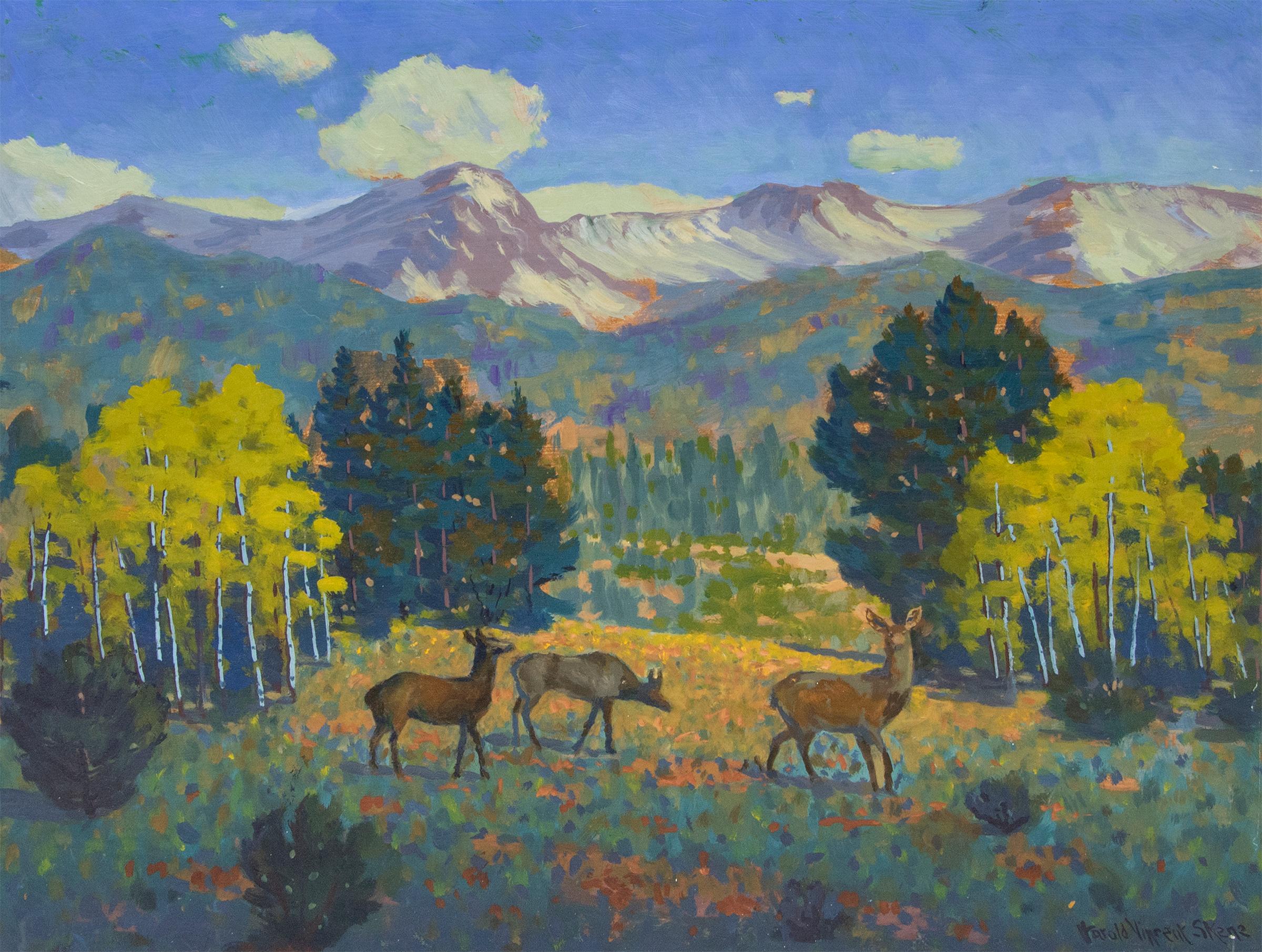 'Threesome' - 1960s Vintage Mountain Landscape Painting, Deer in Yellowstone For Sale 2