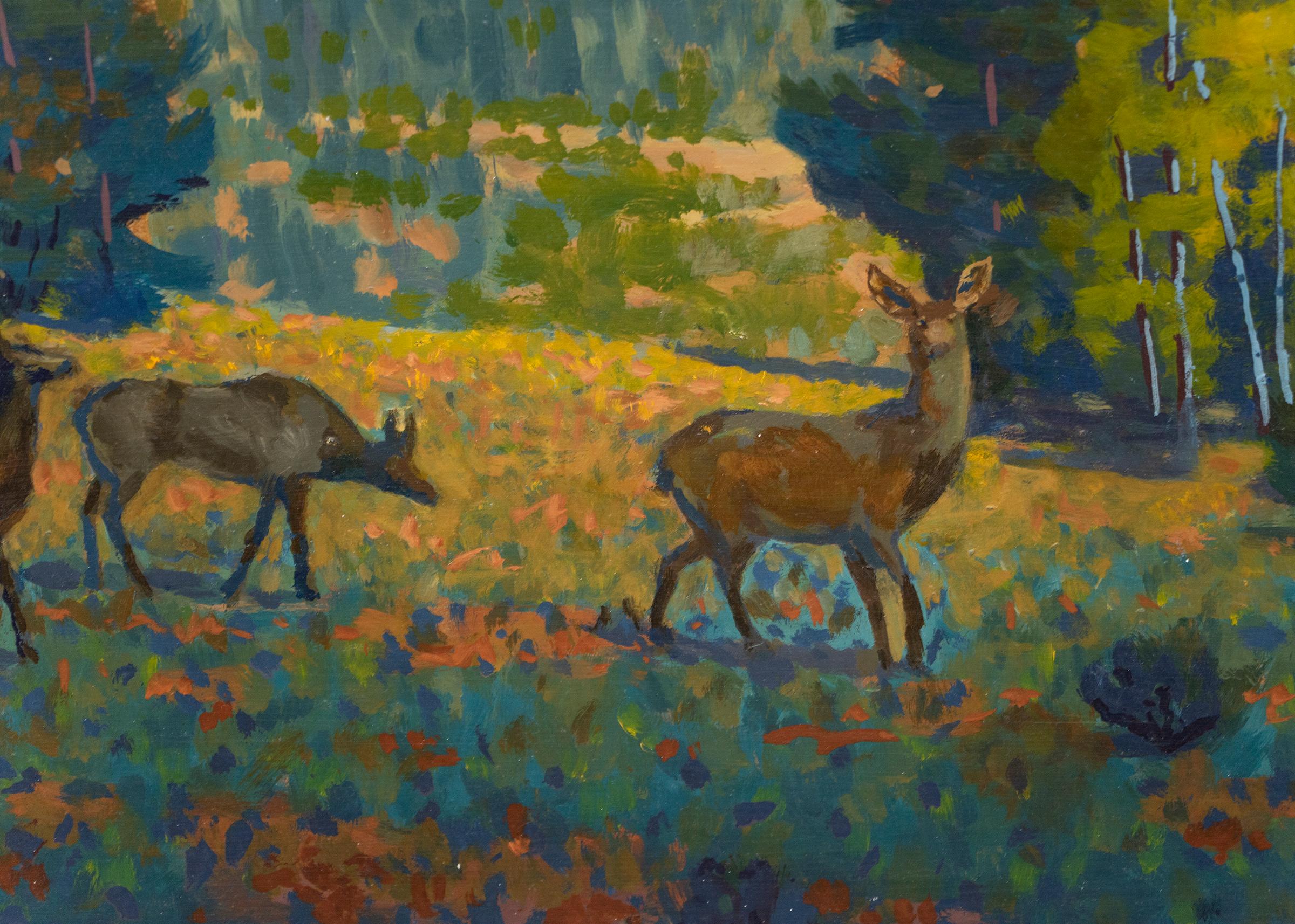 'Threesome' - 1960s Vintage Mountain Landscape Painting, Deer in Yellowstone For Sale 4