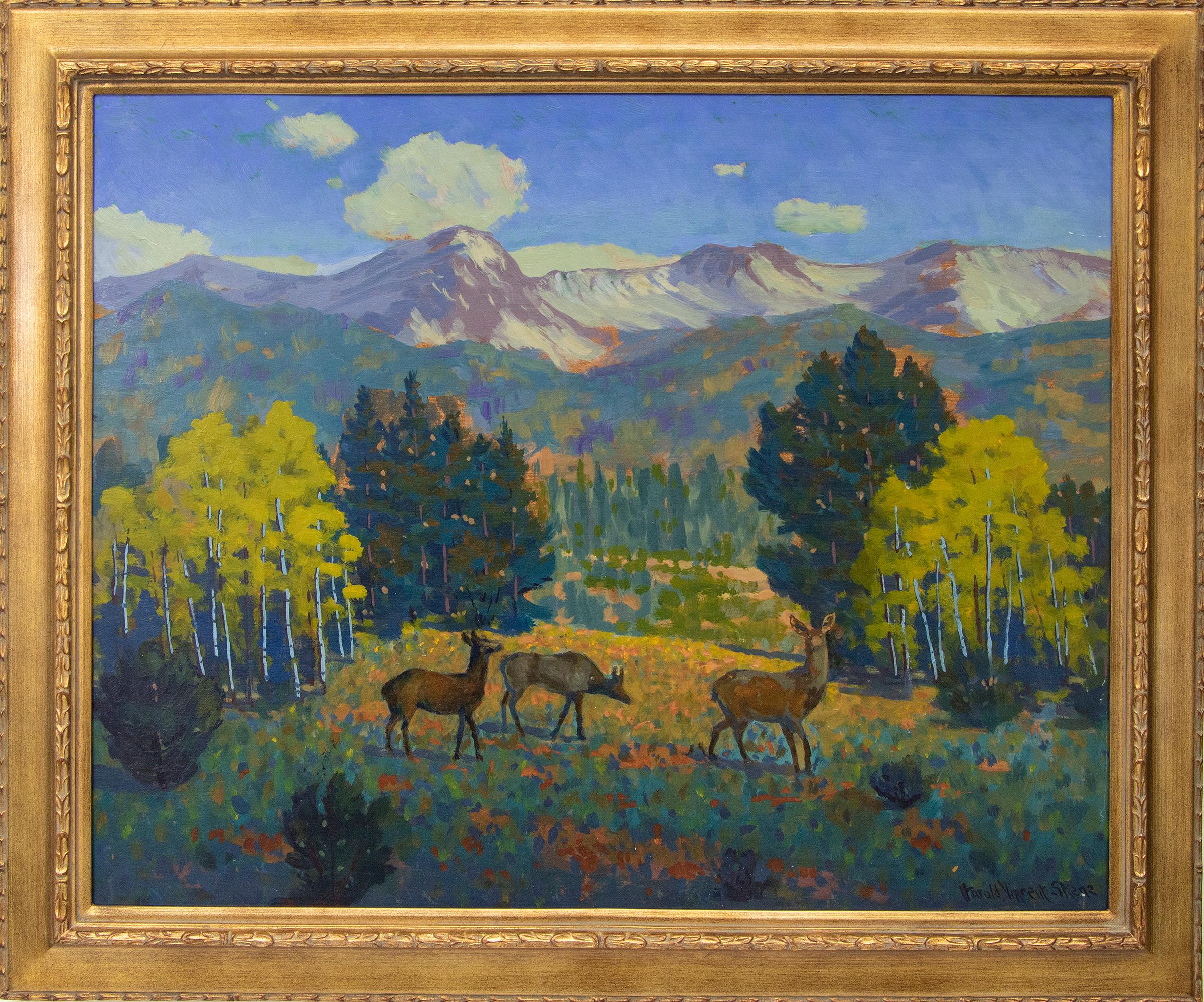Harold Vincent Skene Animal Painting - 'Threesome' - 1960s Vintage Mountain Landscape Painting, Deer in Yellowstone