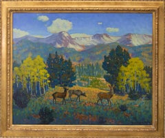 « Trois » - Peinture de paysage de montagne vintage des années 1960, cerf en pierre jaune