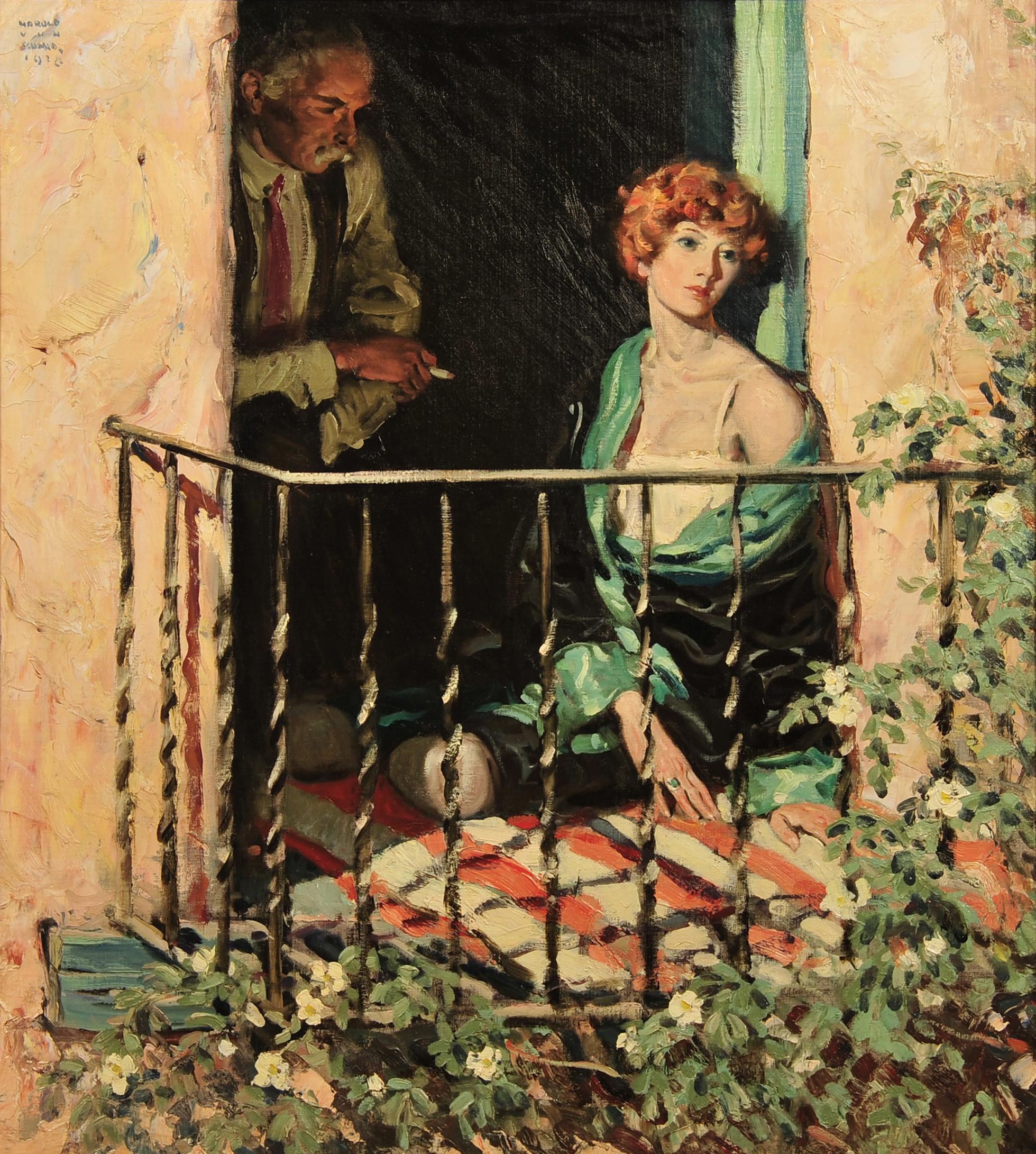 Femme assise sur un balcon - Painting de Harold von Schmidt