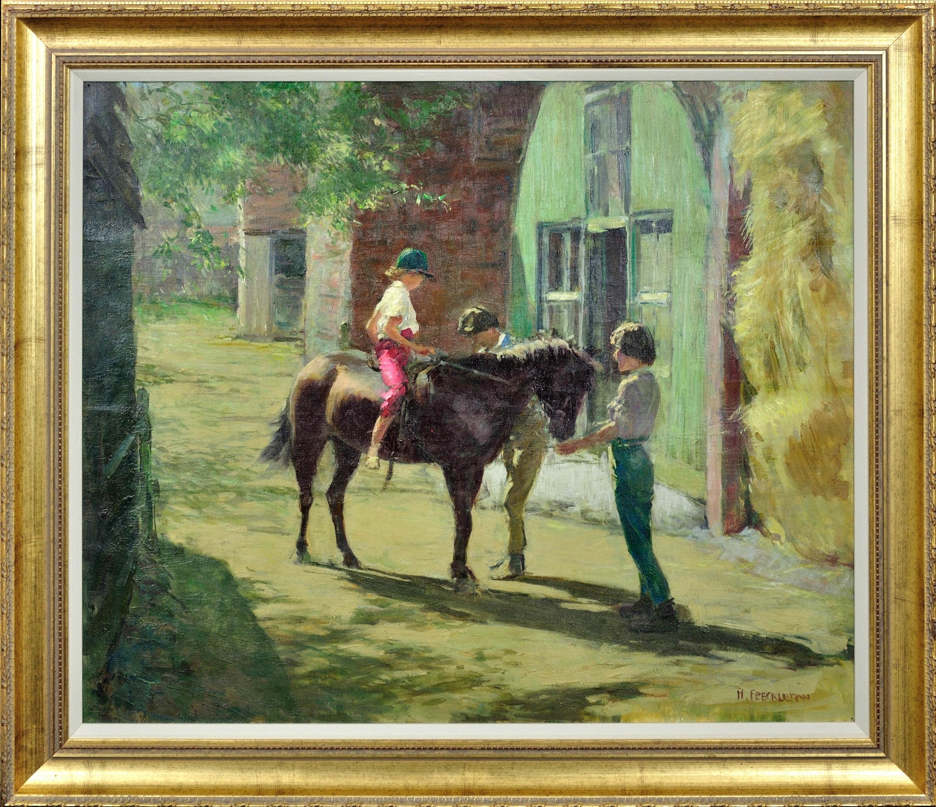 Harold Walton Freckleton Animal Painting - Milly with Minstrel. Children with their Pony in Dappled Summer Sunlight.