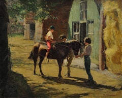 Milly mit Minstrel. Kinder mit ihrem Pony im applizierten Sommer-Sonnenlicht.