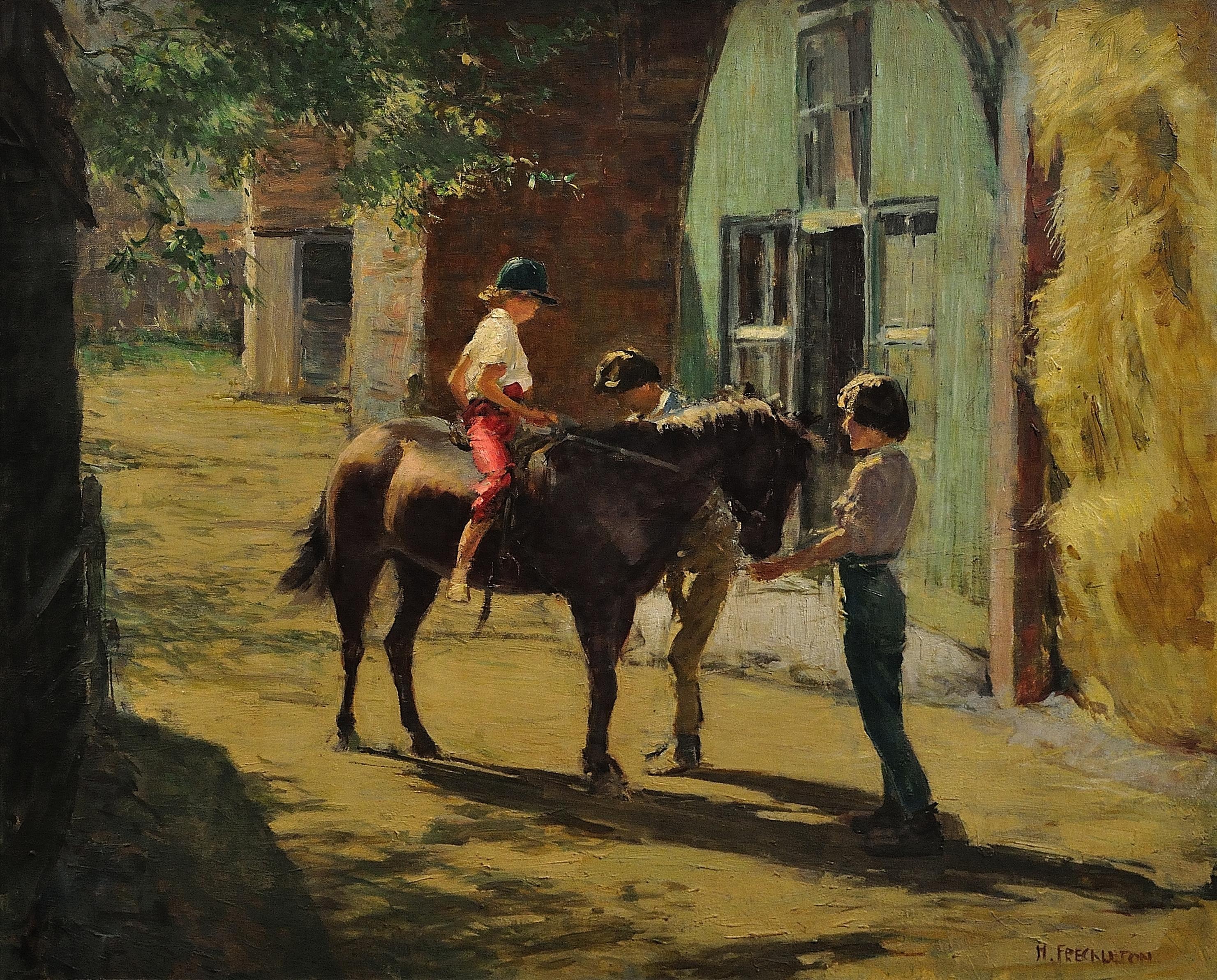 Harold Walton Freckleton Animal Painting - Milly with Minstrel. Children with their Pony in Dappled Summer Sunlight.