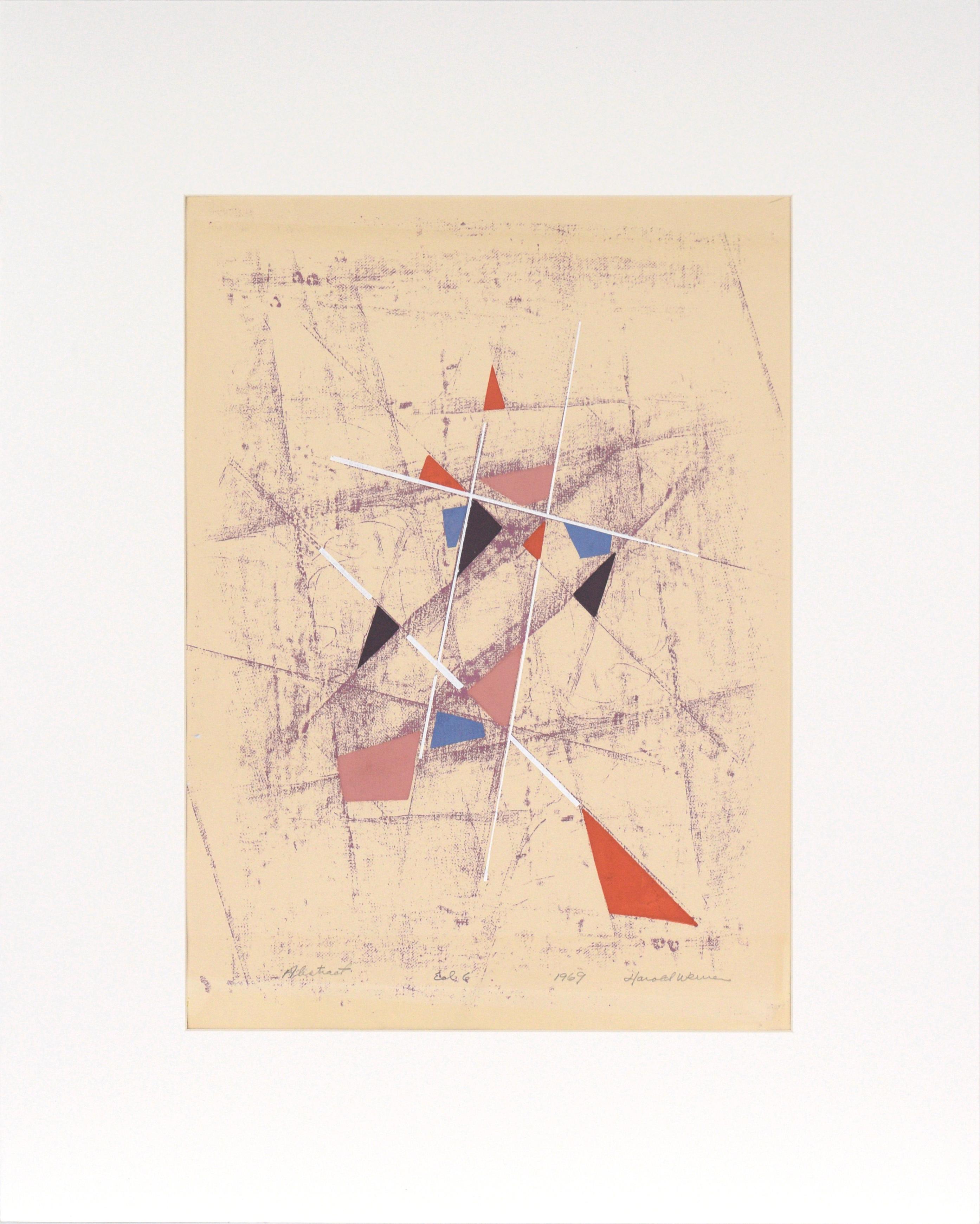 Geometrische abstrakte Lithographie im Stil von Kandinsky von Harold Weiner
Verspielte abstrakte Komposition mit dem Titel "Abstract" von Harold Weiner (20. Jahrhundert). Eine kleine Auflage von 6 Exemplaren. Mehrere Formen sind in einer