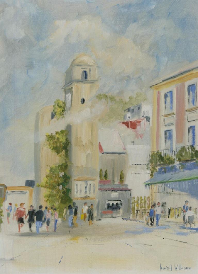 A street scene in the Piazza Umberto I, Capri, featuring its famous clock tower. Presented in an ornate gilt-effect wooden frame with swept corners. Signed to the lower-right edge. Inscribed with the location on the verso. On canvas board.