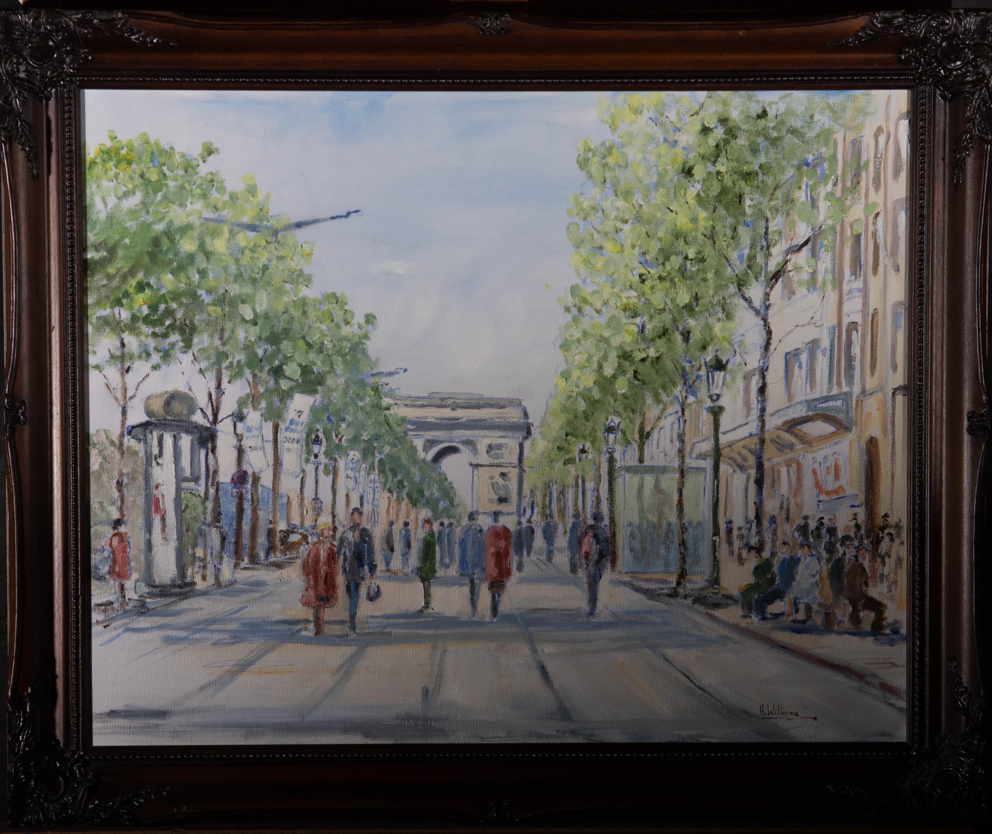Una vista dell'Arco di Trionfo a Parigi con figure che popolano la strada. Presentato in una cornice di legno con angoli decorati. Firmato sul bordo inferiore destro. Su tela su barelle.
