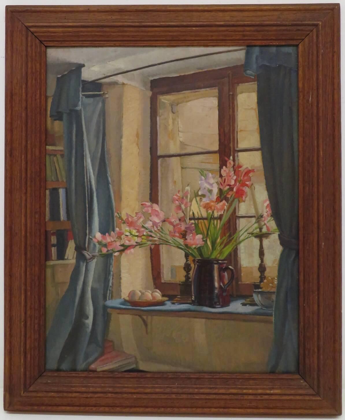 Interior Painting  Harold Williamson  - (1898-1992) Peinture à l'huile anglaise du milieu du siècle dernier STILL LIFE FLORAL Medici Soc.