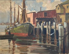 "Barca da pesca italiana" Pittura ad olio di Marin americana dei primi del Novecento con cornice