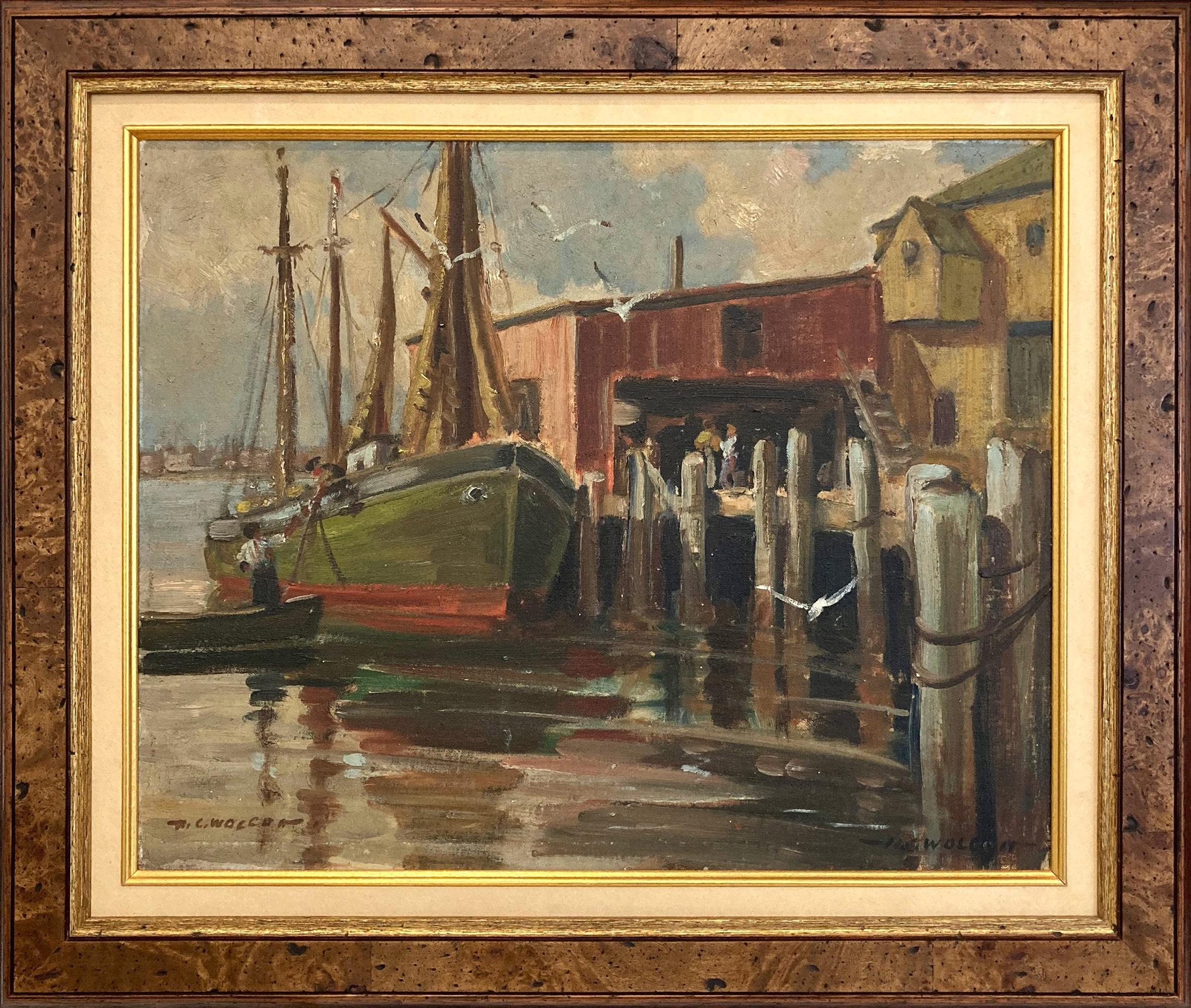 "Italian Fishing Boat" Early 20th Century American Marine Oil Painting Framed