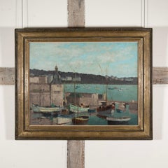 Concarneau - 20th Century French Seascape Oil Painting with Boats + Buildings