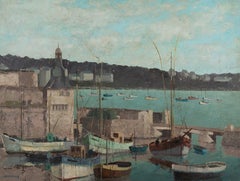 Concarneau - 20th Century French Seascape Oil Painting with Boats + Buildings