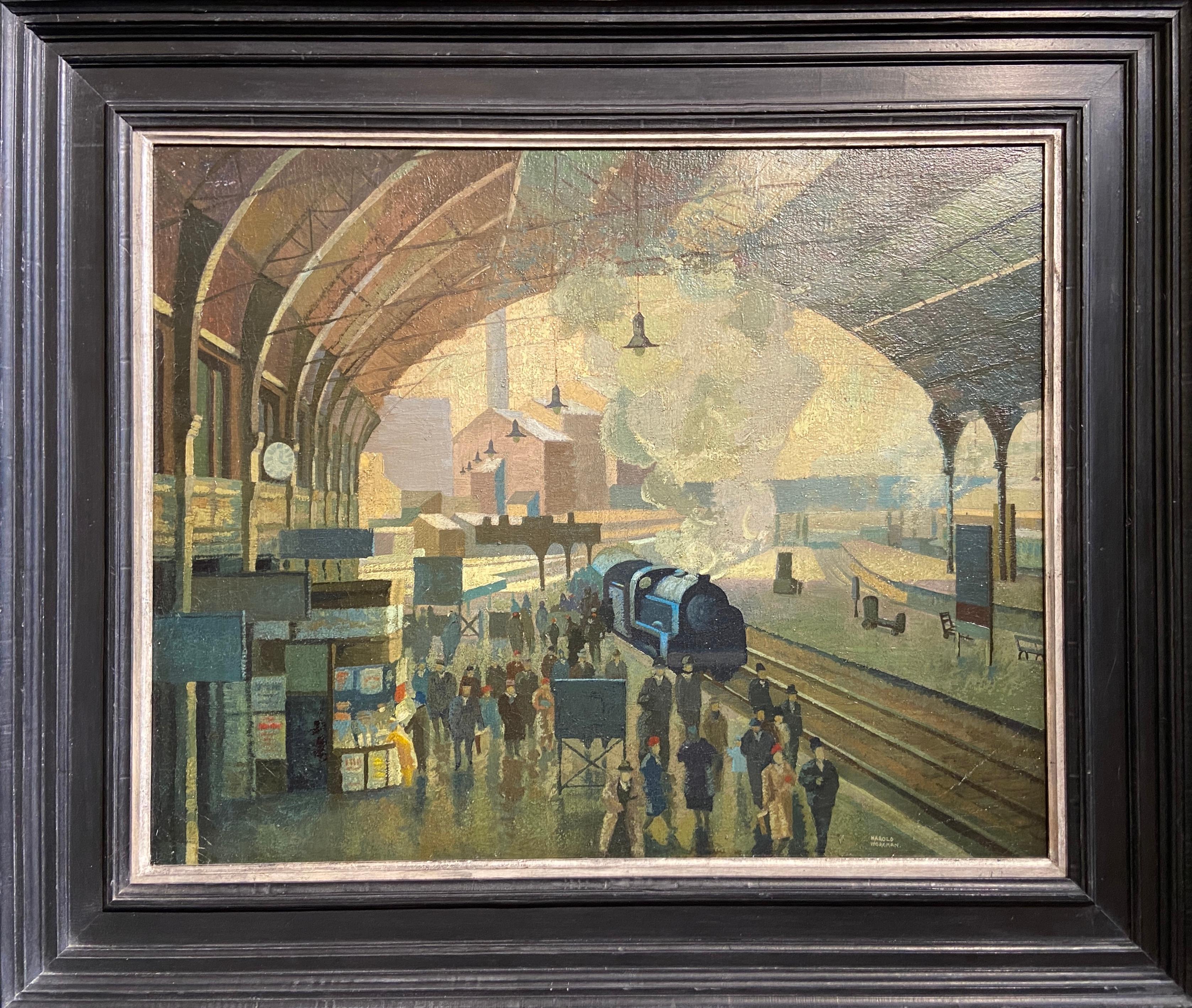 Victoria Train Station, Paesaggio olio su tela, firmato, artista britannico del XX secolo - Painting di Harold Workman