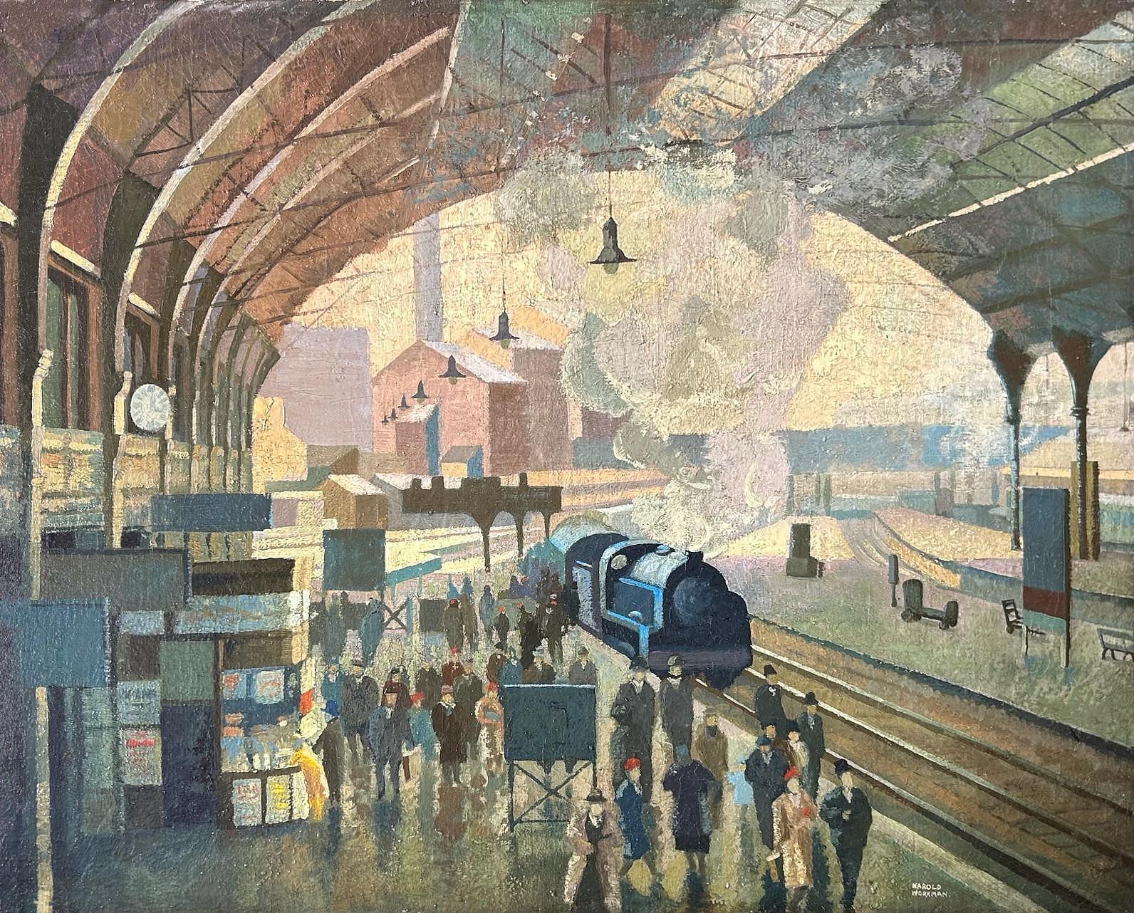 Harold Workman Landscape Painting - Victoria Train Station, Oil on canvas Landscape, Signed, 20thC British Artist