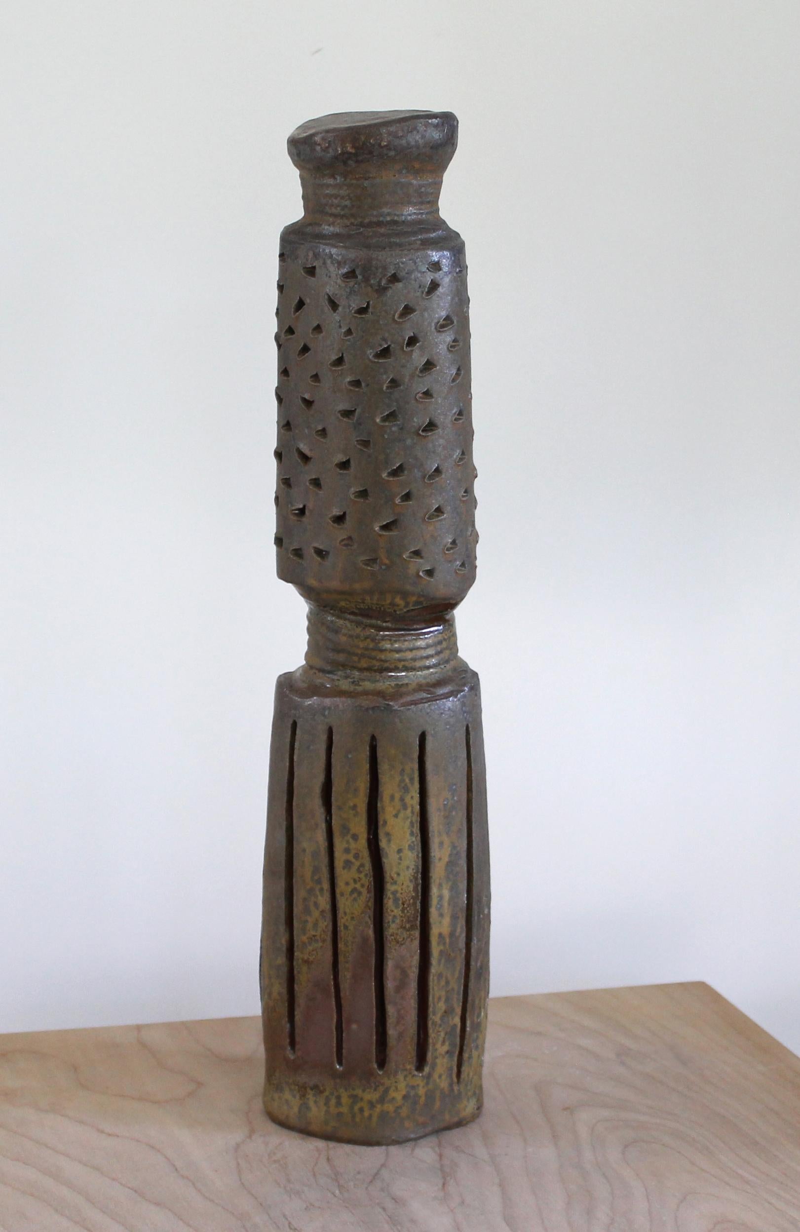 "VERTICAL 1", sculpture, clay, ceramic, abstract, tribal, pattern, tower, column - Mixed Media Art by Harold Wortsman