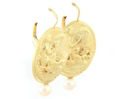 Harp and Dove Cameo Pearl Earrings in 14K Yellow Gold