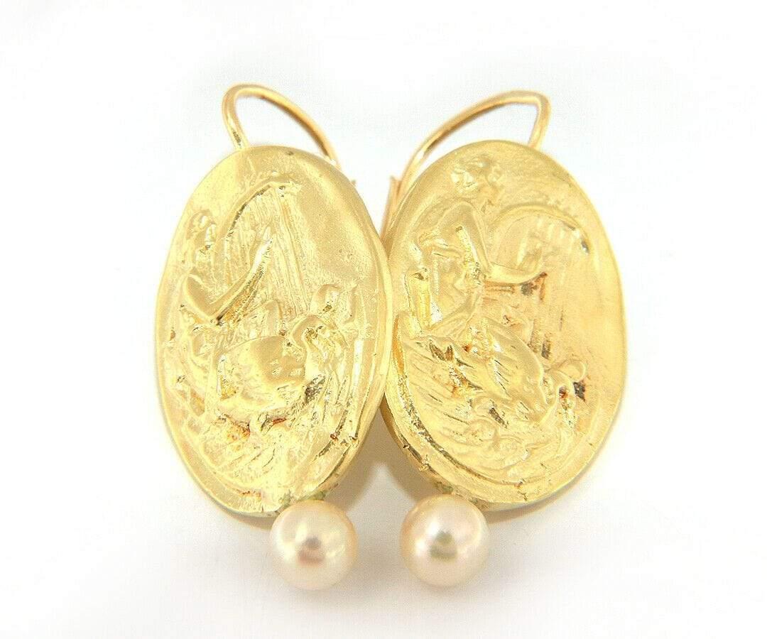 Round Cut Harp and Dove Cameo Pearl Earrings in 14K Yellow Gold For Sale