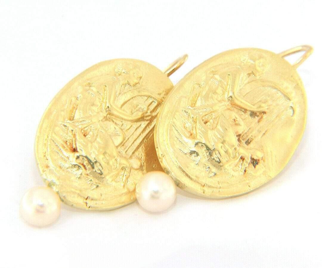 Women's Harp and Dove Cameo Pearl Earrings in 14K Yellow Gold For Sale