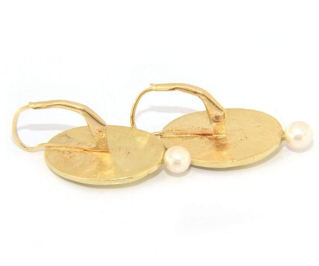 Harp and Dove Cameo Pearl Earrings in 14K Yellow Gold For Sale 1
