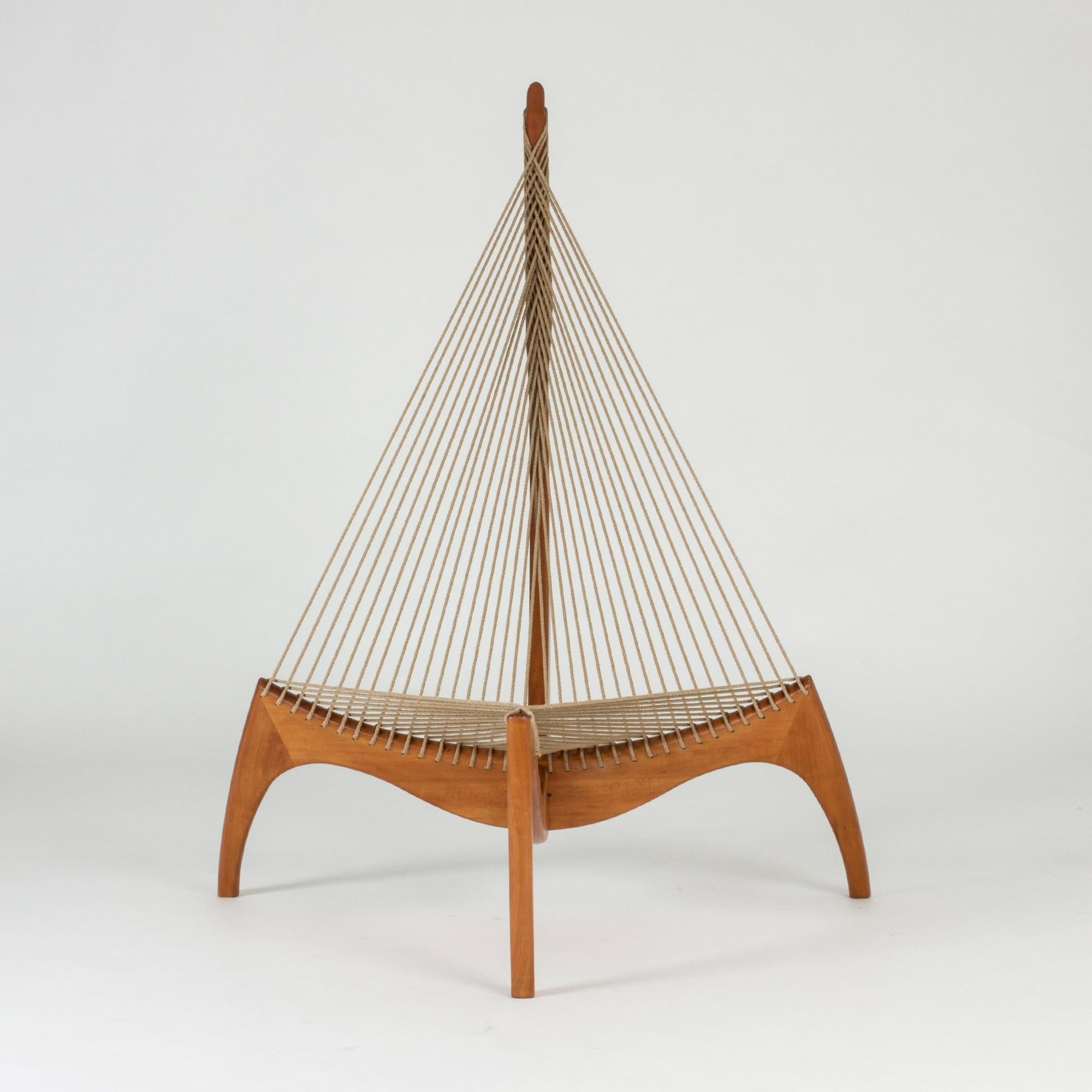 “Harp Chair” by Jørgen Høvelskov, made from cherry wood and flag line. This stunning chair was launched in the early 1960s and was highly acclaimed for its unique design. Cherry wood in beautiful condition.