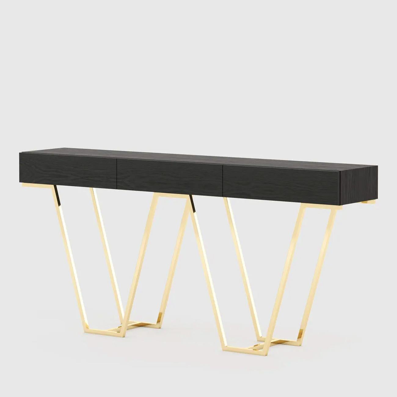 Console table Harp with top in matte black ash finish, including
3 drawers with easy glide system. Base in polished stainless
steel in gold finish.
Also available in matte ebony, or matte oak grey, or natural oak,
or matte walnut, on request.