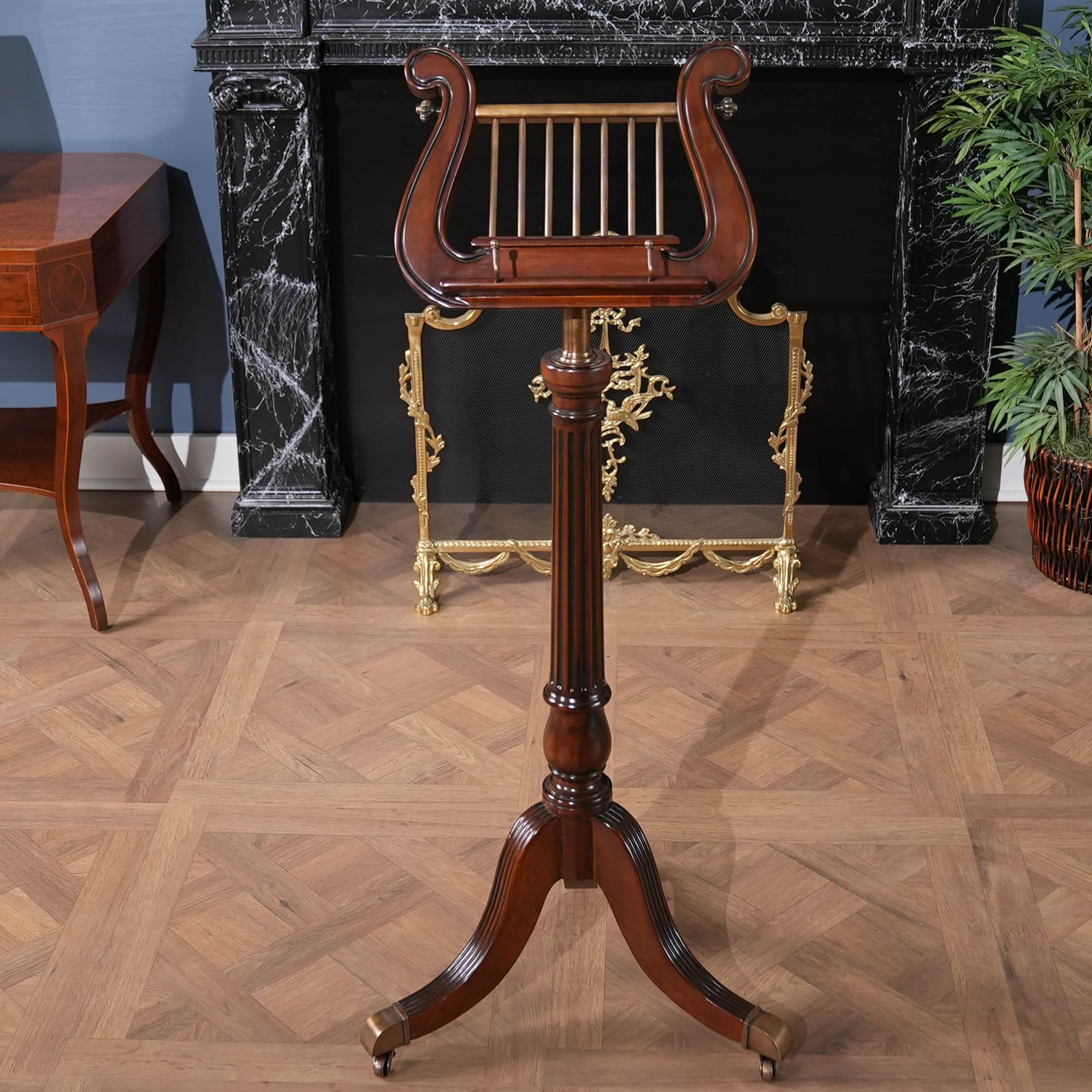 For the music lover this solid mahogany and brass Lyre or Harp Music Stand rivals any antique music stand in terms of beauty and quality. Adjustable in height, beautifully designed and tastefully finished it will be certain to be treasured for