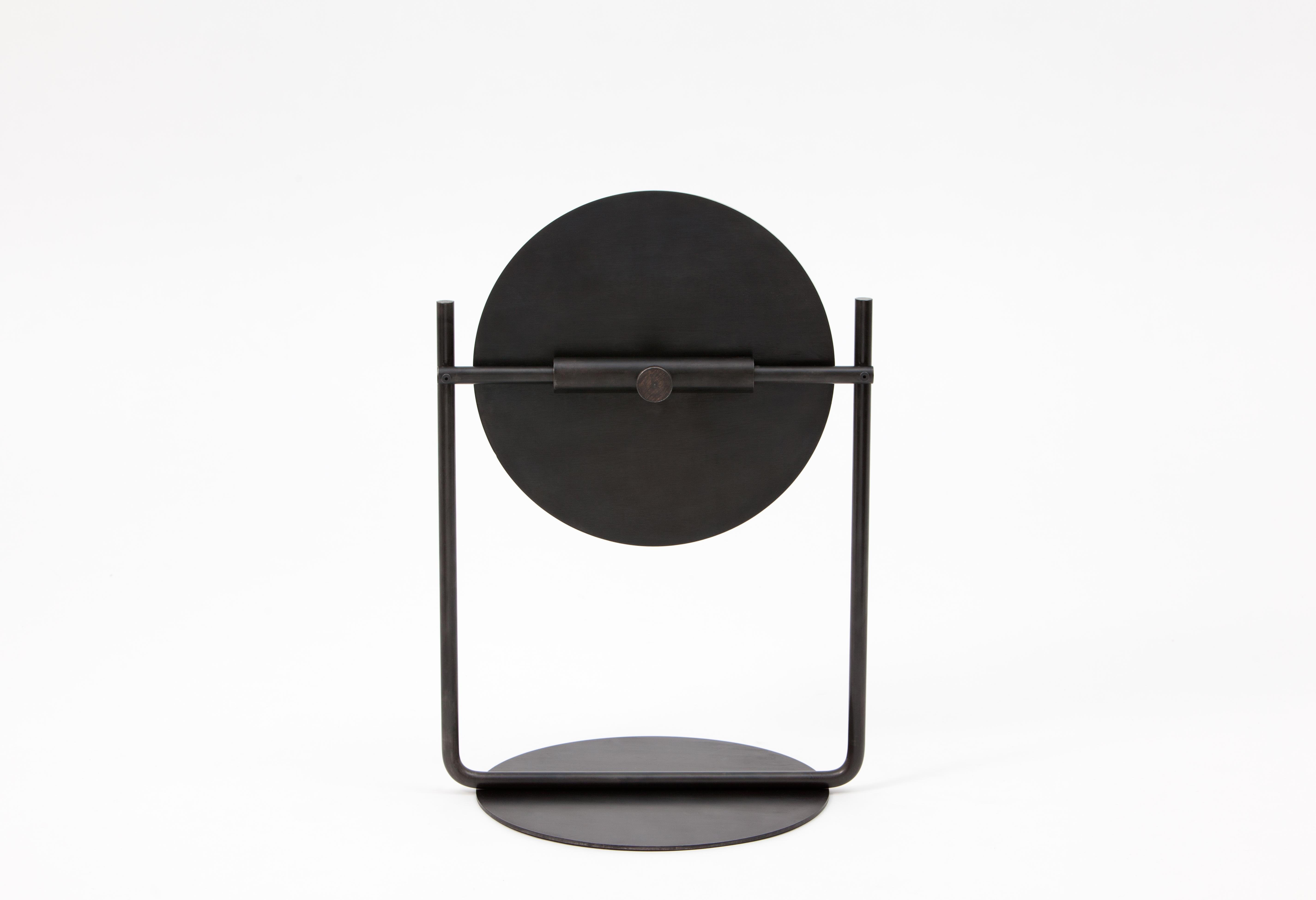 Post-Modern Harp Table Top Vanity Mirror in Blackened Steel and Brass by Steven Bukowski For Sale