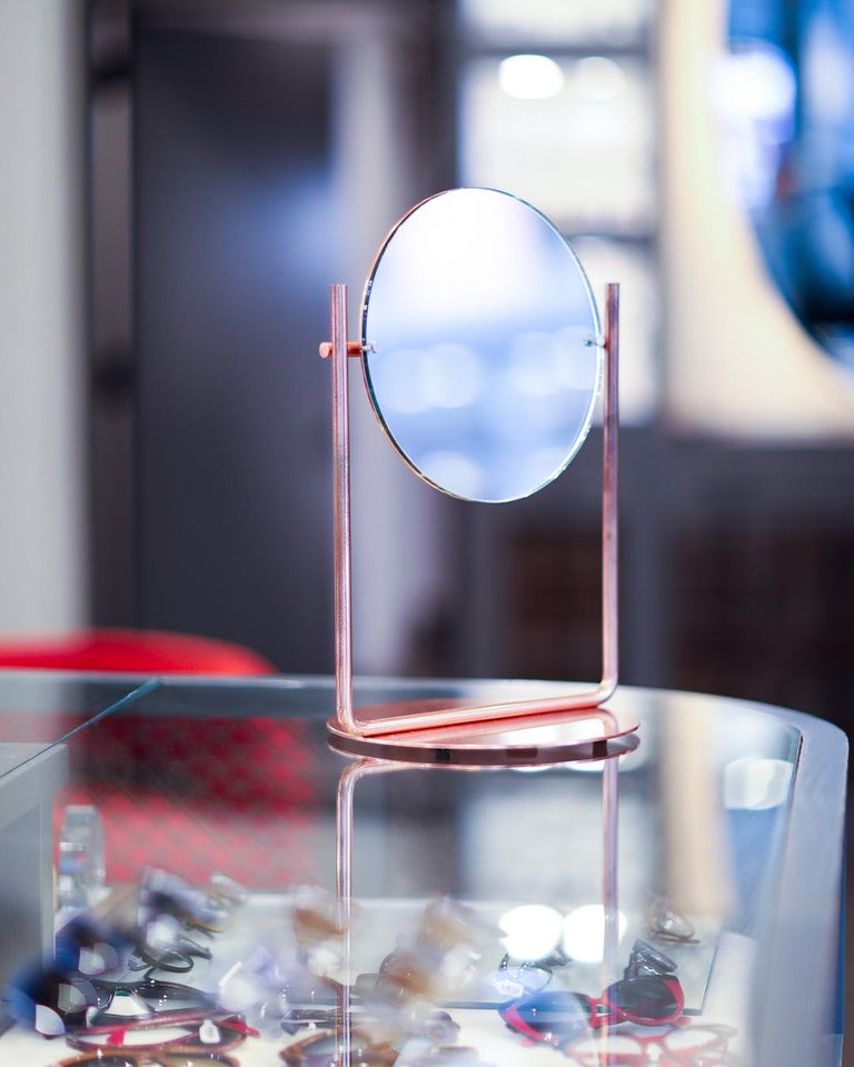 Harp Table Top Vanity Mirror in Satin Brushed Copper by Steven Bukowski