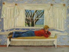 Quadro vintage con veduta d'interno raffigurante un ragazzo che legge, anni '60, incorniciato, 28x22"