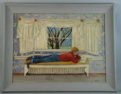 Quadro vintage con veduta d'interno raffigurante un ragazzo che legge, anni '60, incorniciato, 28x22"